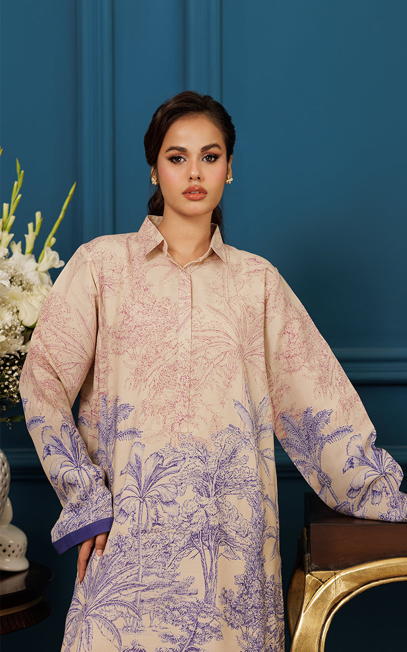 Beige Floral Print Silk Salwar Kameez (2-Piece) - Image 5