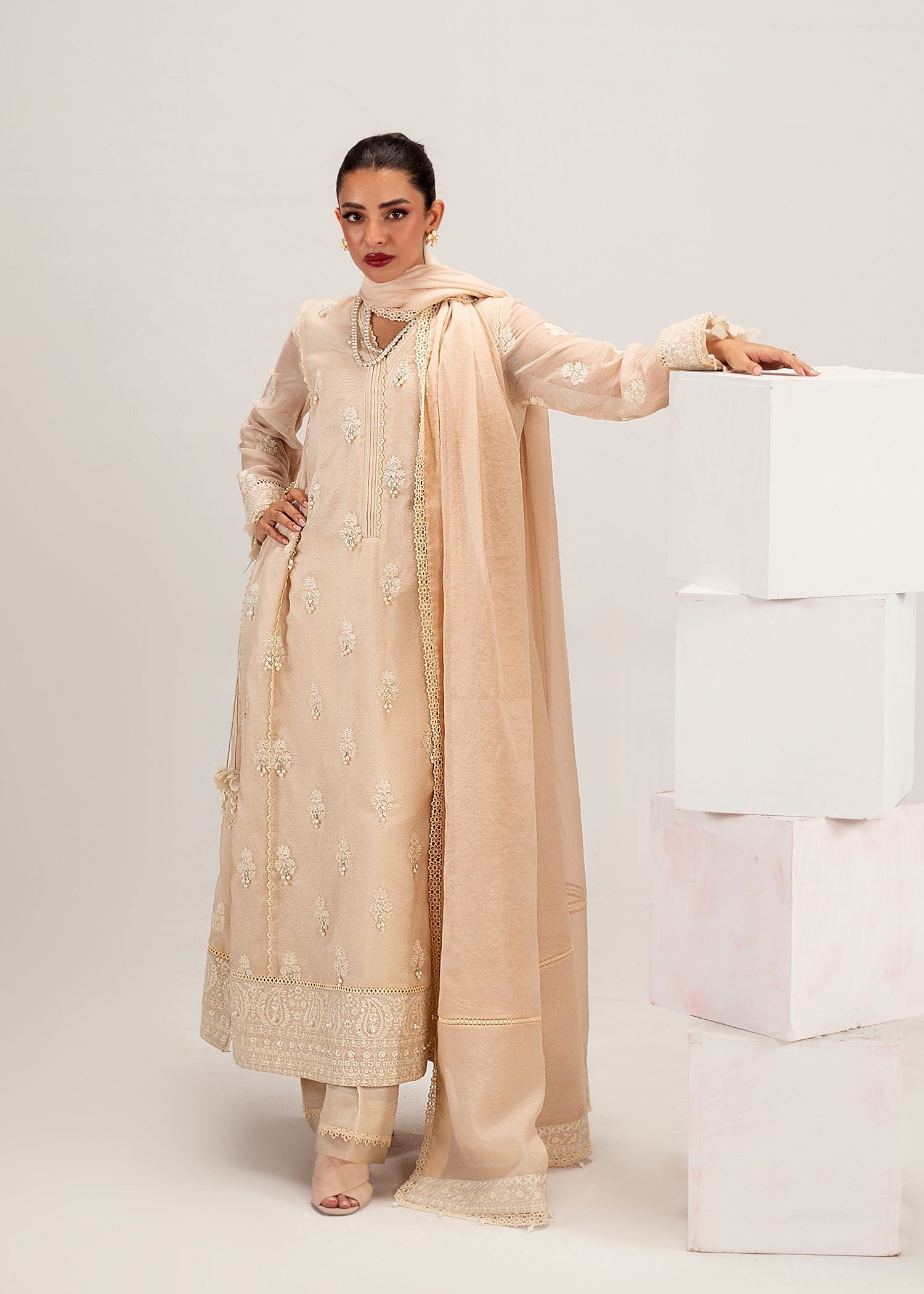 Beige Pearl & Crystal Silk Khadi Net Kurta Set (3-Piece) - Image 1