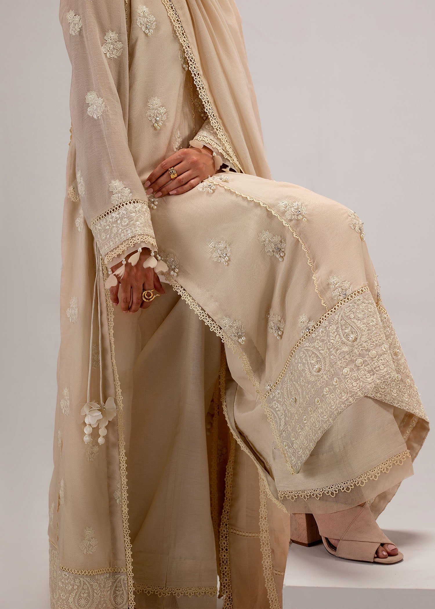 Beige Pearl & Crystal Silk Khadi Net Kurta Set (3-Piece) - Image 2