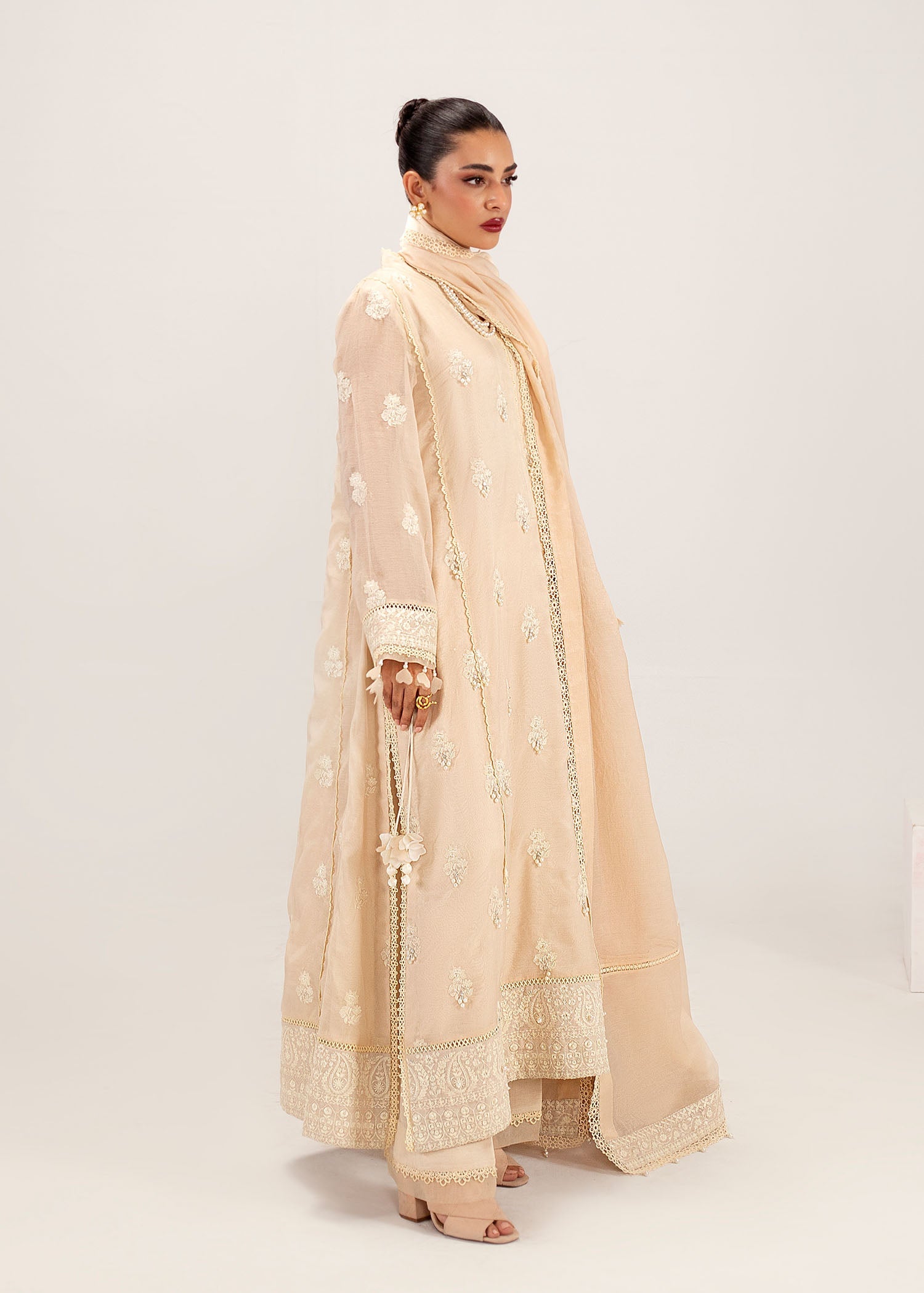 Beige Pearl & Crystal Silk Khadi Net Kurta Set (3-Piece) - Image 4