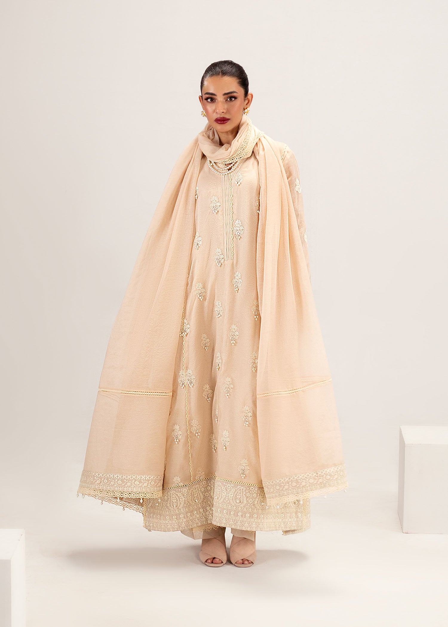 Beige Pearl & Crystal Silk Khadi Net Kurta Set (3-Piece) - Image 6