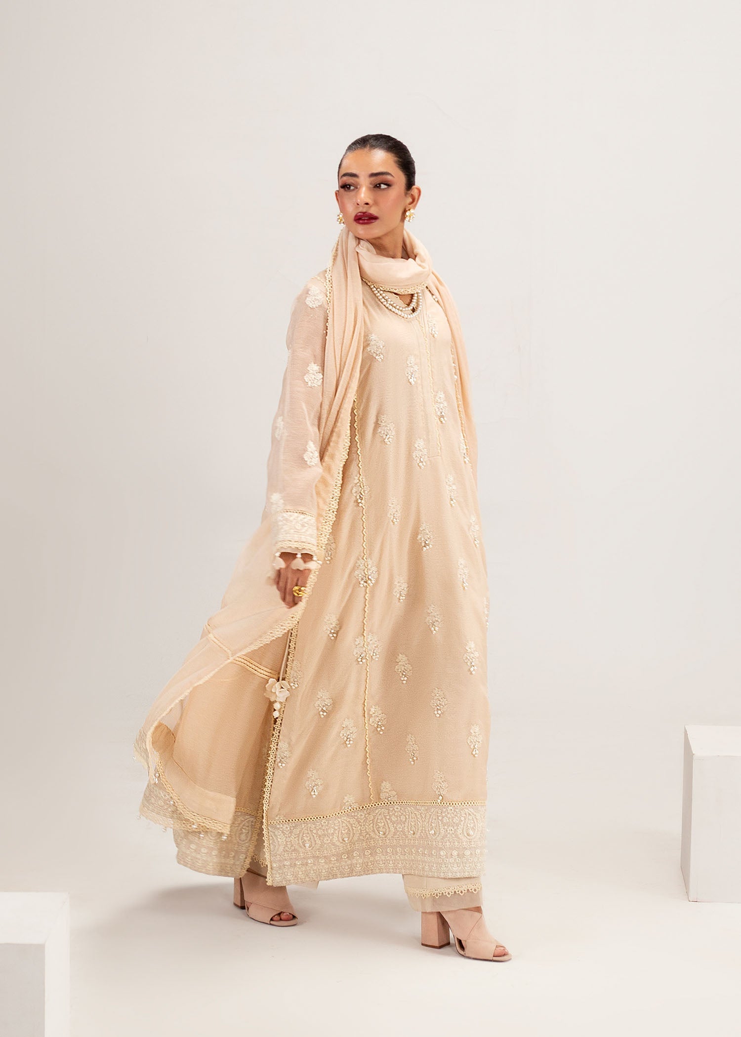 Beige Pearl & Crystal Silk Khadi Net Kurta Set (3-Piece) - Image 7