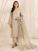 Pakistani Beige Floral Embroidered Silk Lawn Salwar Kameez (3-Piece) - Image 1