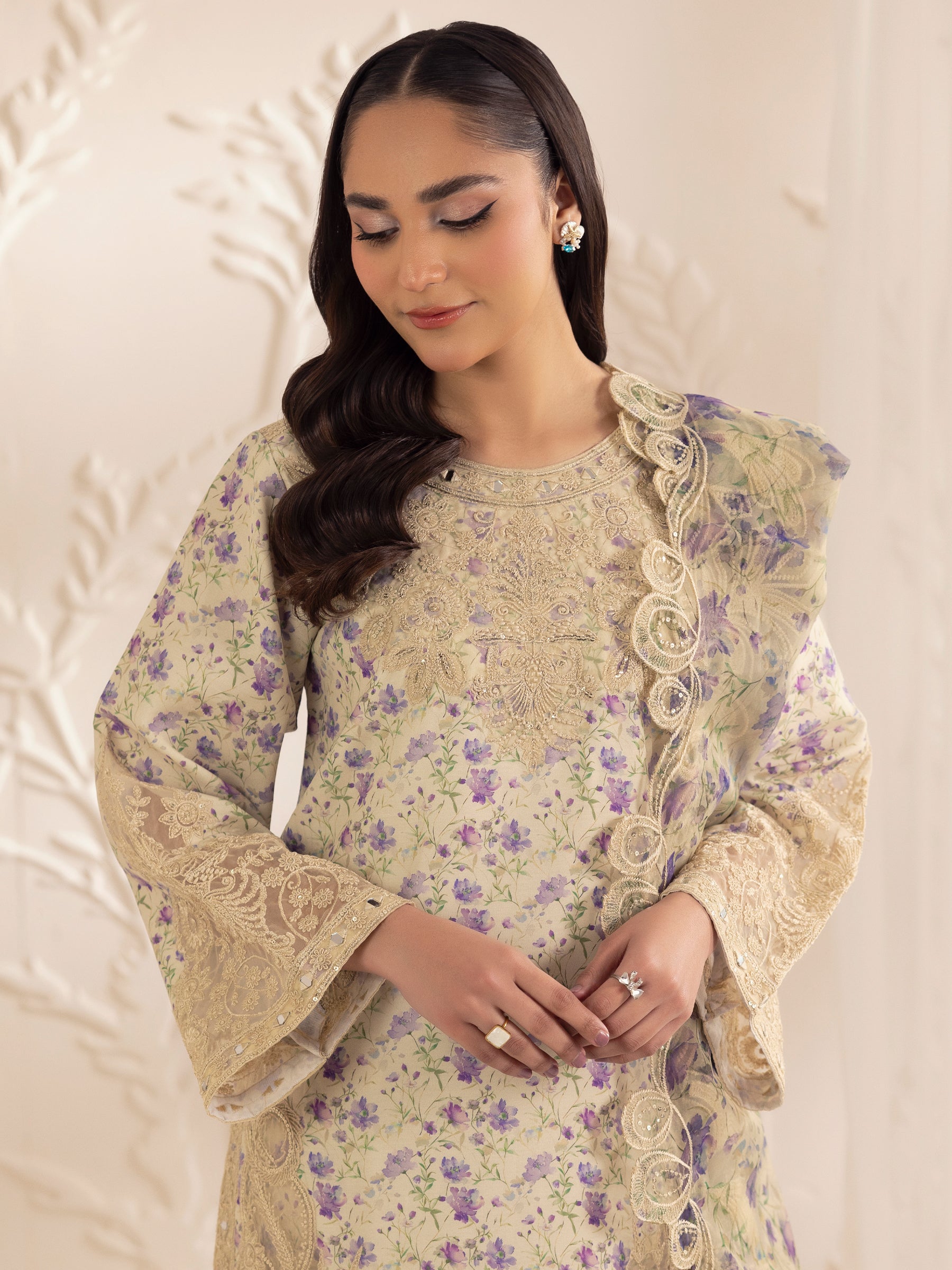 Pakistani Beige Floral Embroidered Silk Lawn Salwar Kameez (3-Piece) - Image 10
