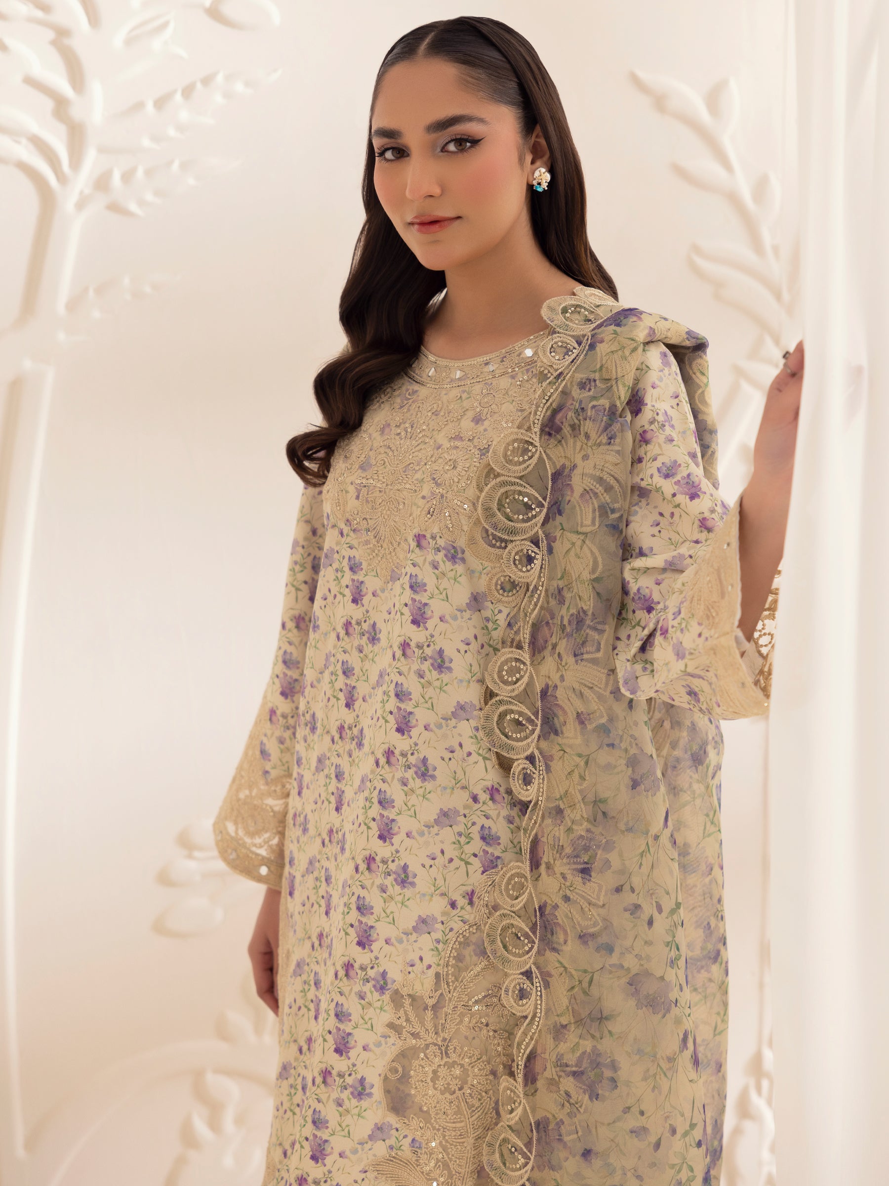 Pakistani Beige Floral Embroidered Silk Lawn Salwar Kameez (3-Piece) - Image 11
