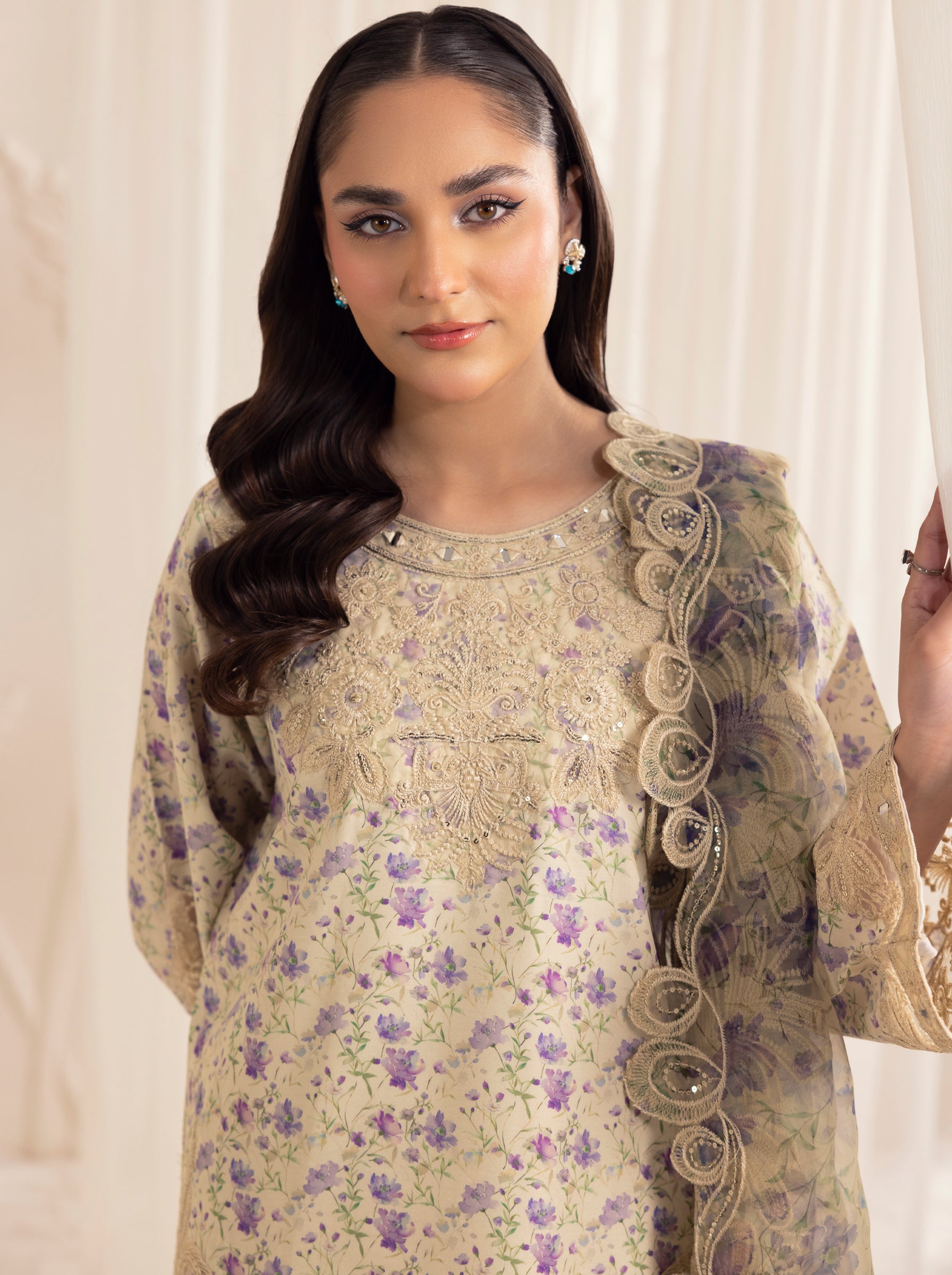 Pakistani Beige Floral Embroidered Silk Lawn Salwar Kameez (3-Piece) - Image 12