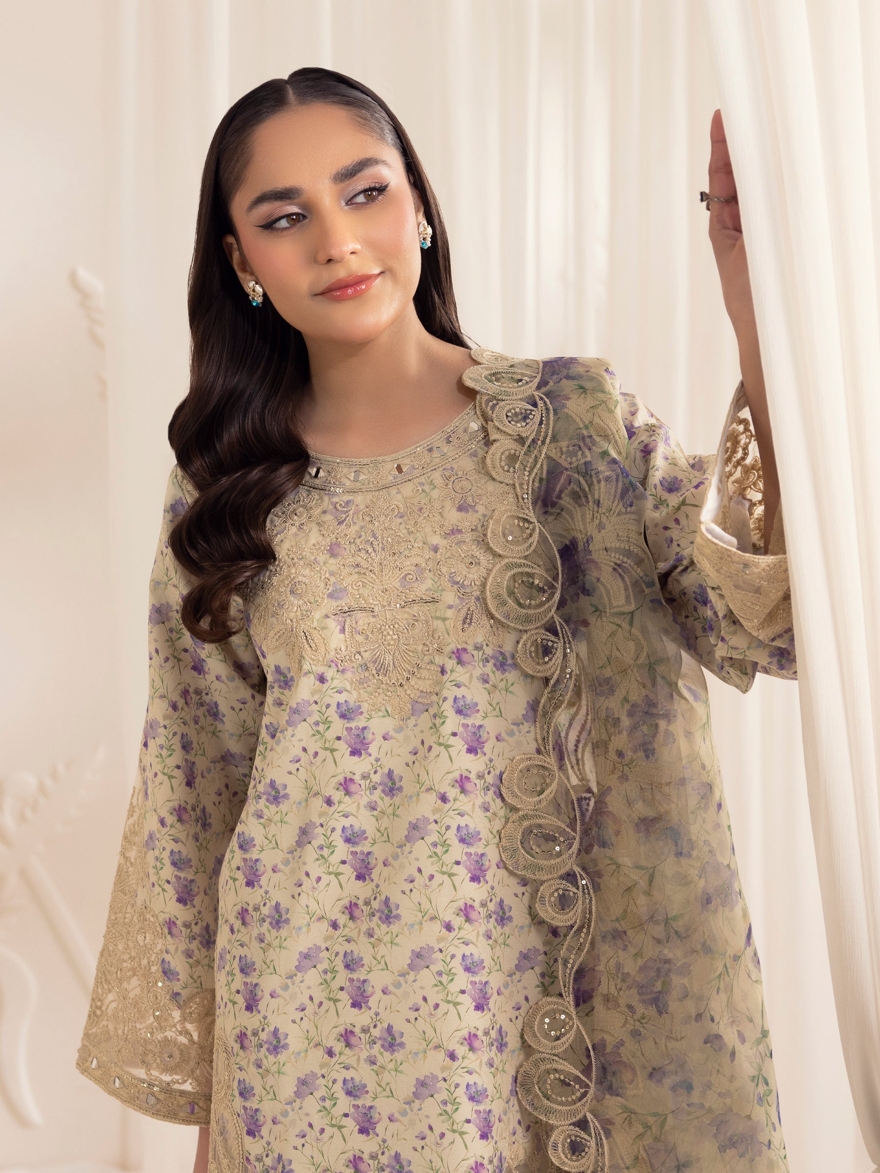 Pakistani Beige Floral Embroidered Silk Lawn Salwar Kameez (3-Piece) - Image 13