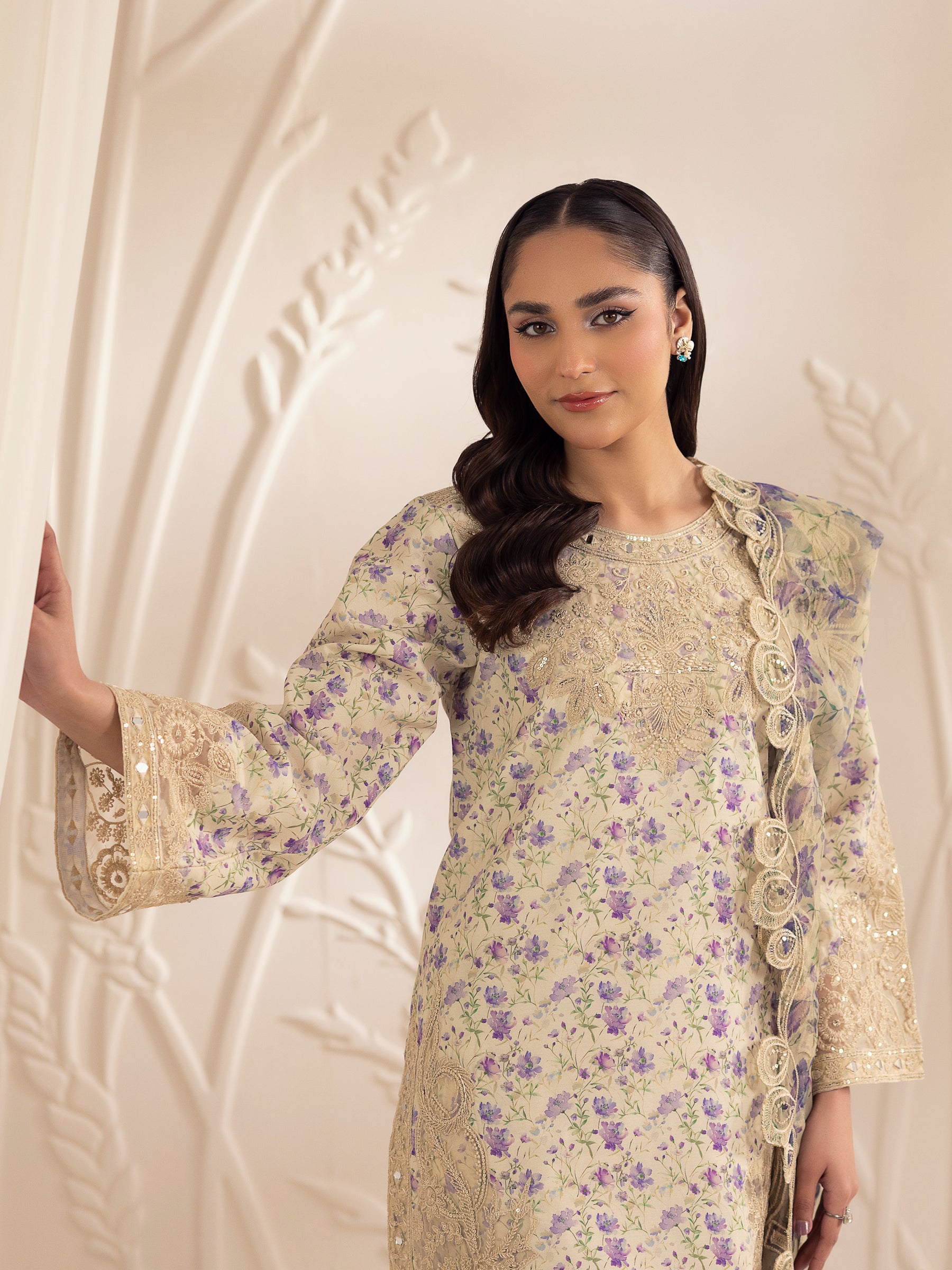 Pakistani Beige Floral Embroidered Silk Lawn Salwar Kameez (3-Piece) - Image 15