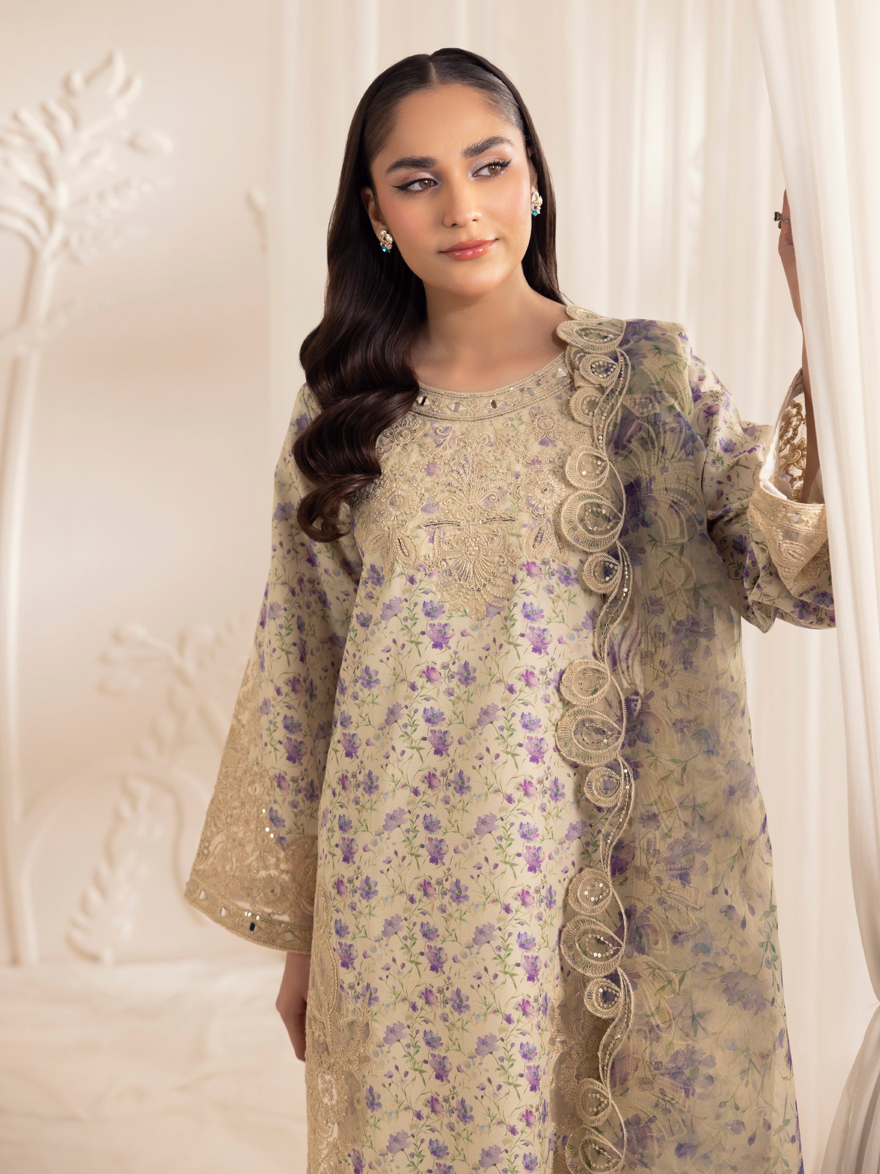 Pakistani Beige Floral Embroidered Silk Lawn Salwar Kameez (3-Piece) - Image 16