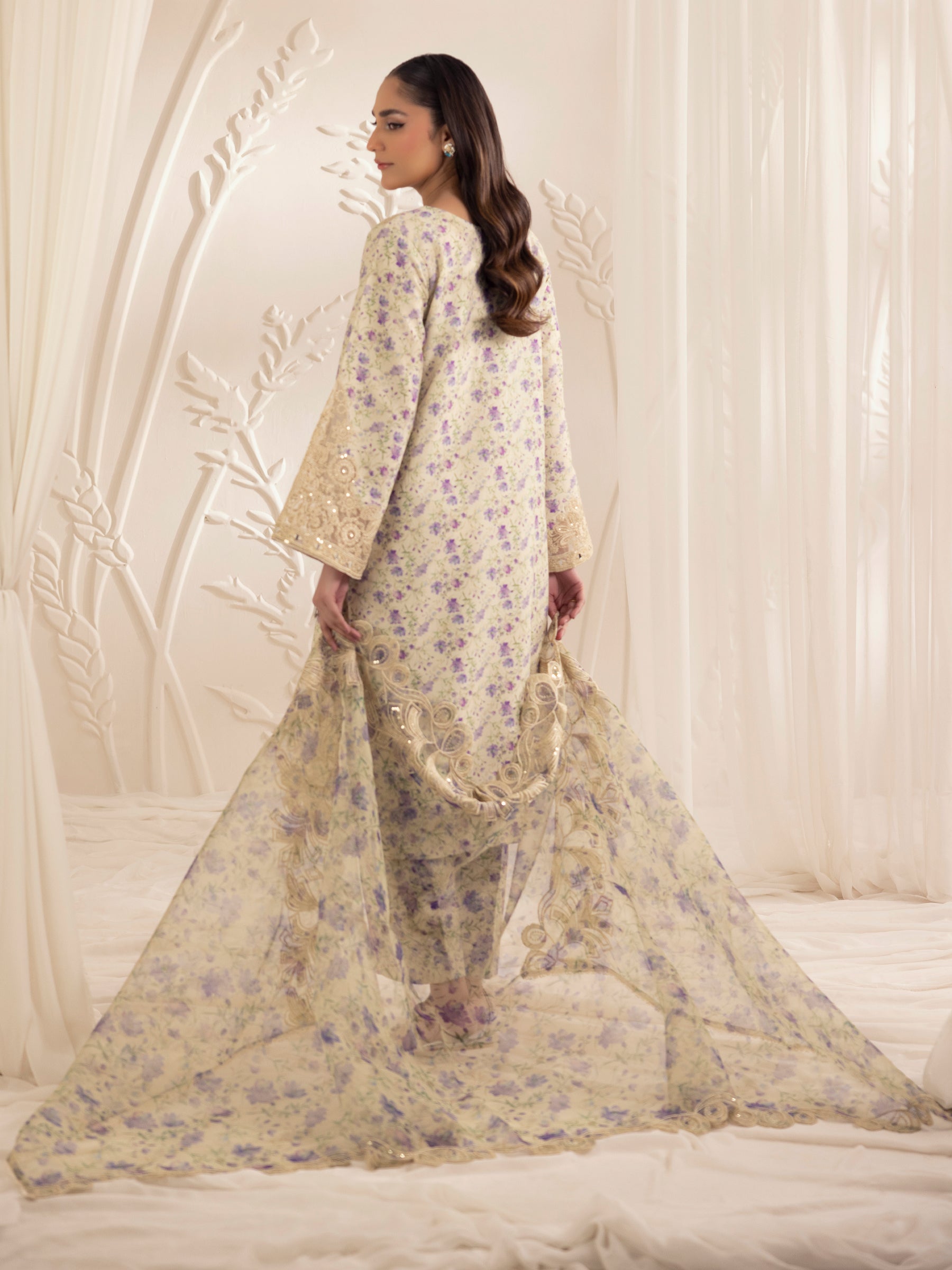 Pakistani Beige Floral Embroidered Silk Lawn Salwar Kameez (3-Piece) - Image 2
