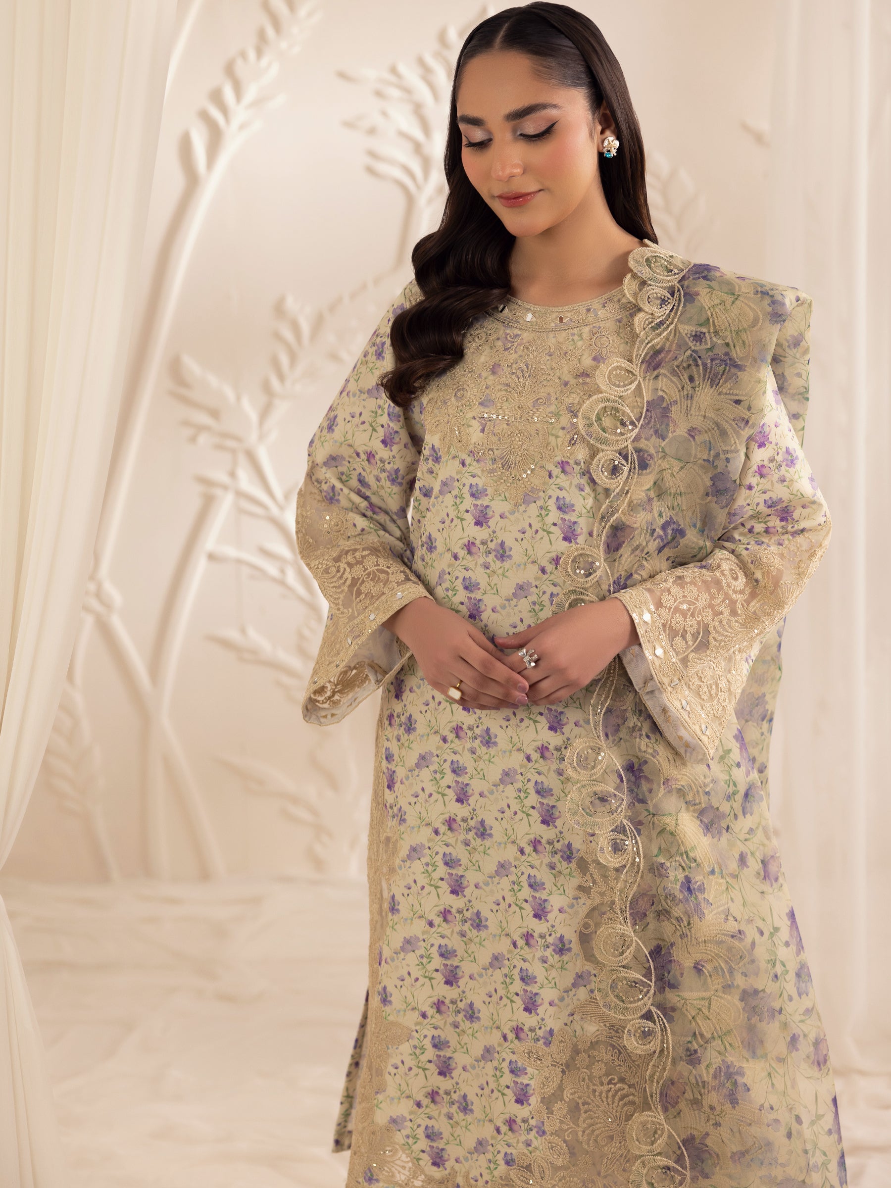 Pakistani Beige Floral Embroidered Silk Lawn Salwar Kameez (3-Piece) - Image 3