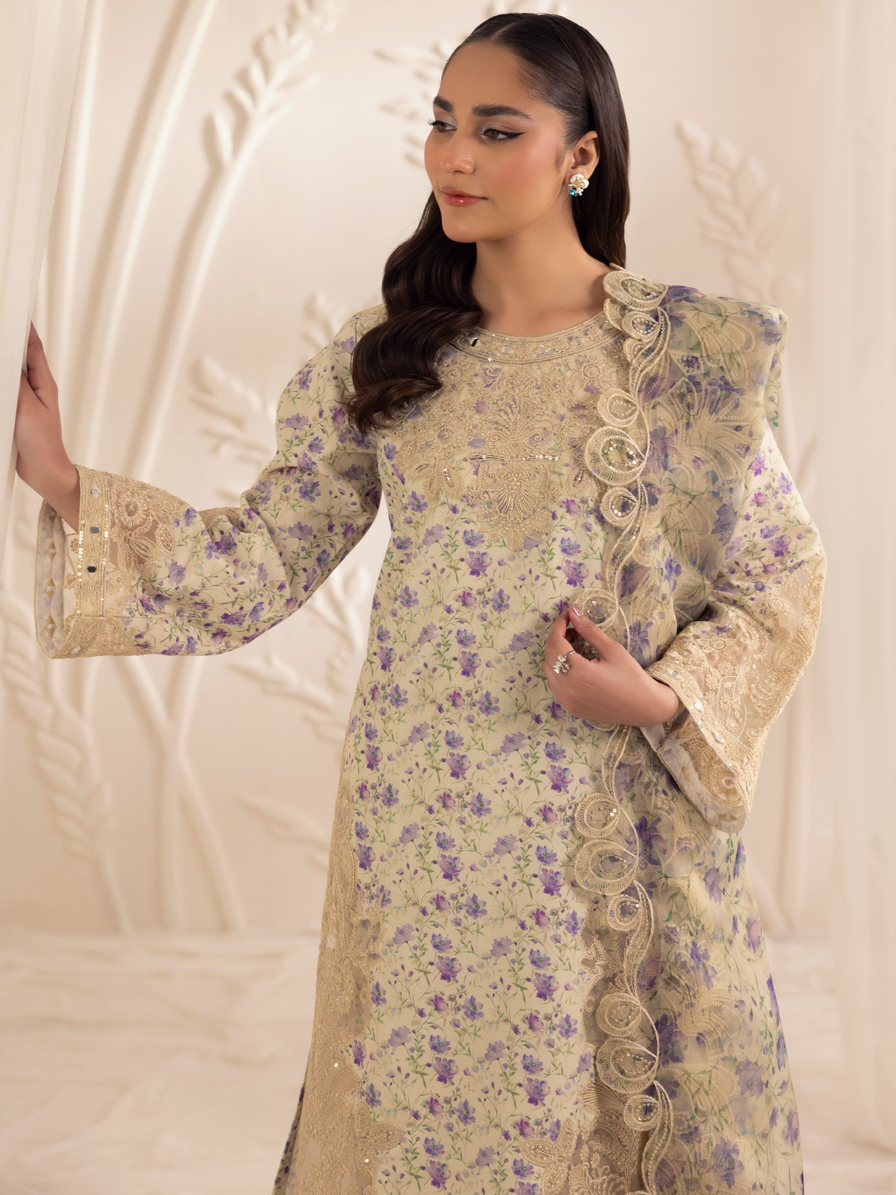 Pakistani Beige Floral Embroidered Silk Lawn Salwar Kameez (3-Piece) - Image 4