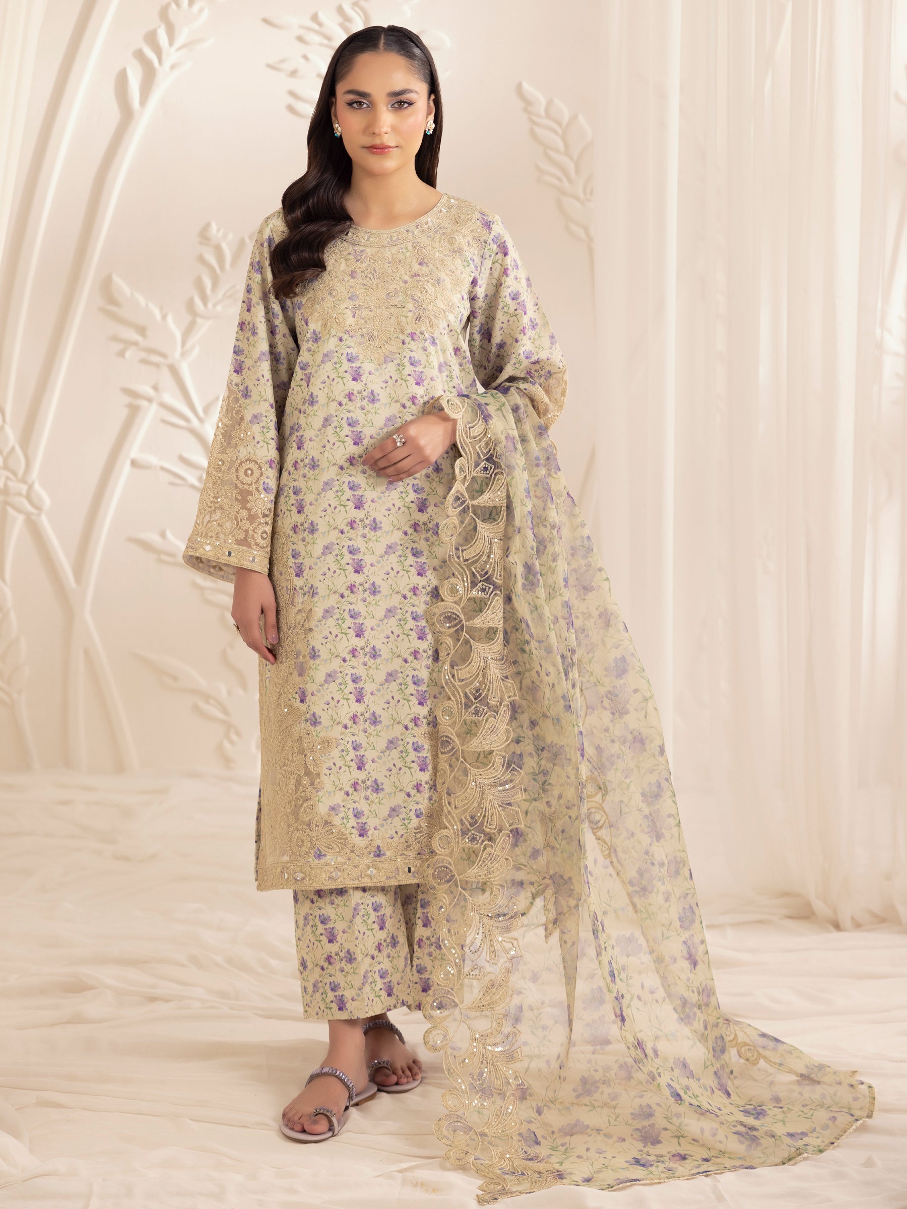 Pakistani Beige Floral Embroidered Silk Lawn Salwar Kameez (3-Piece) - Image 5