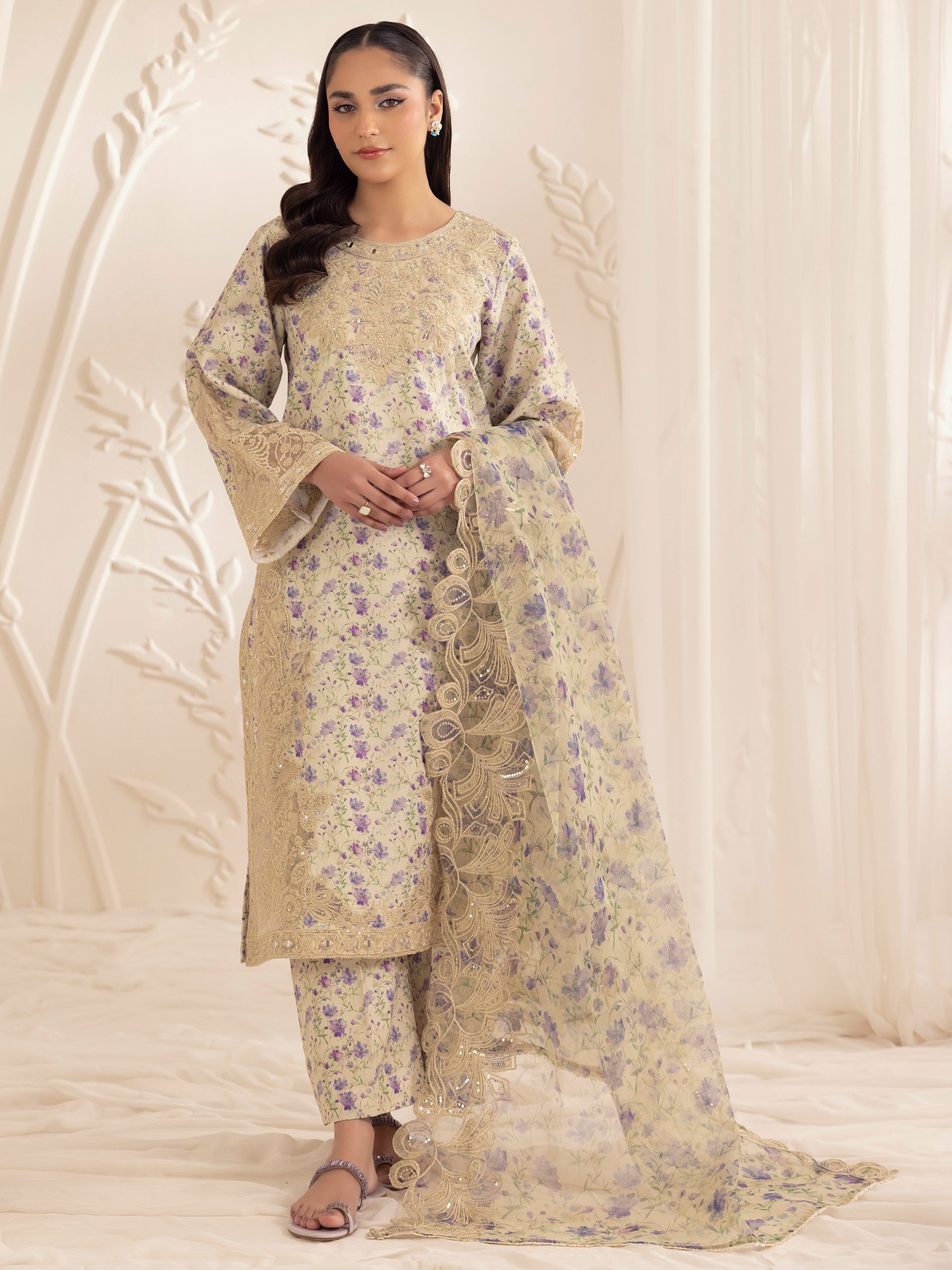 Pakistani Beige Floral Embroidered Silk Lawn Salwar Kameez (3-Piece) - Image 6