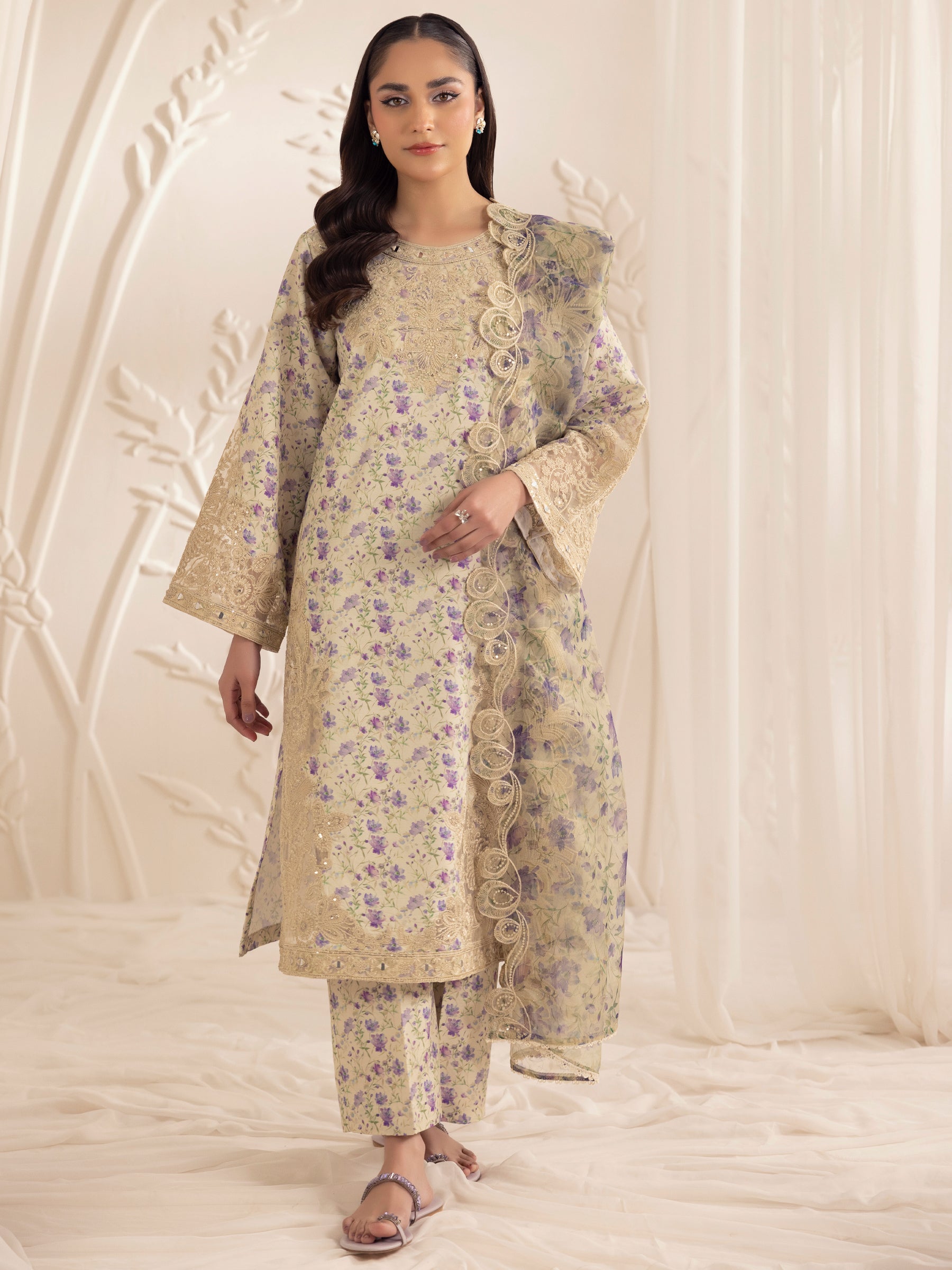 Pakistani Beige Floral Embroidered Silk Lawn Salwar Kameez (3-Piece) - Image 7