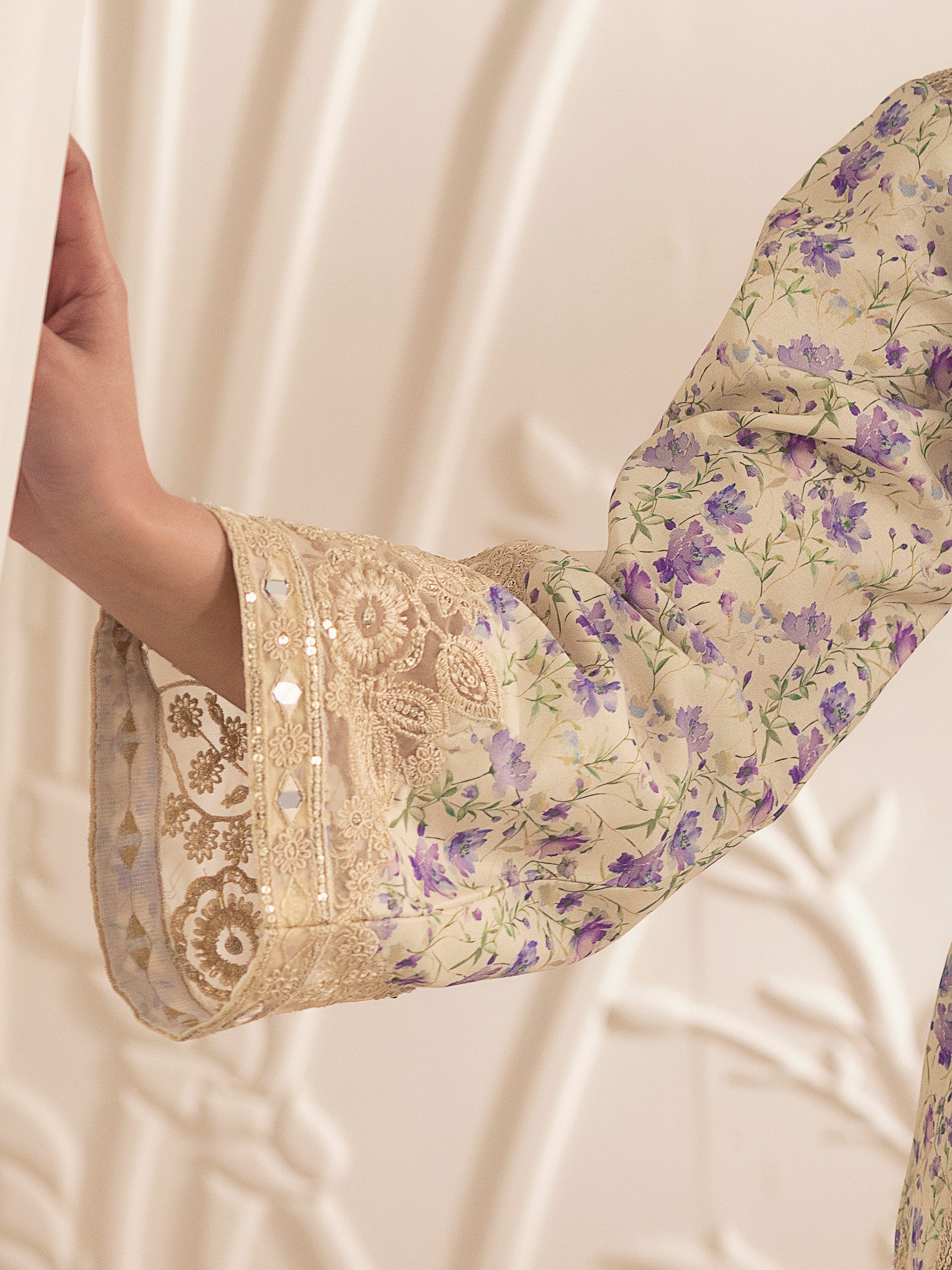 Pakistani Beige Floral Embroidered Silk Lawn Salwar Kameez (3-Piece) - Image 9