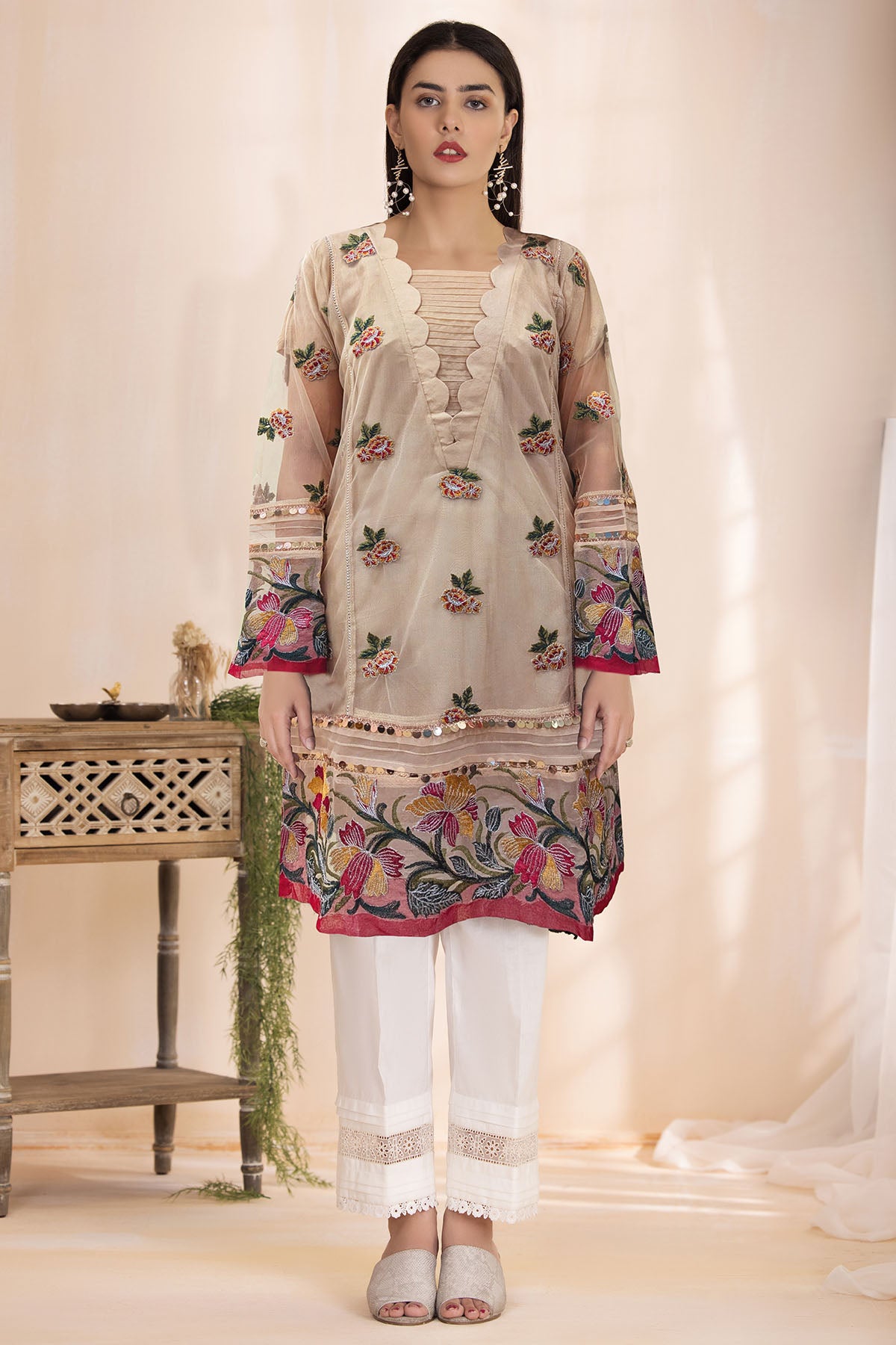 Pakistani Beige Embroidered Silk Net Long Shirt (2-Piece) - Image 1