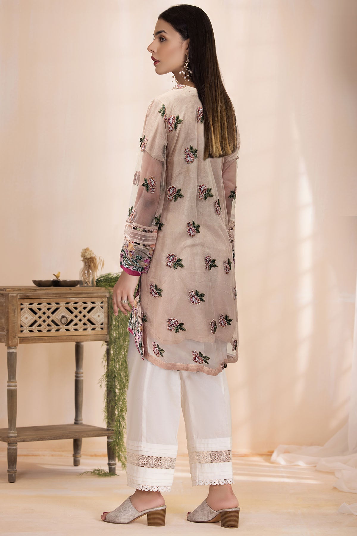 Pakistani Beige Embroidered Silk Net Long Shirt (2-Piece) - Image 2