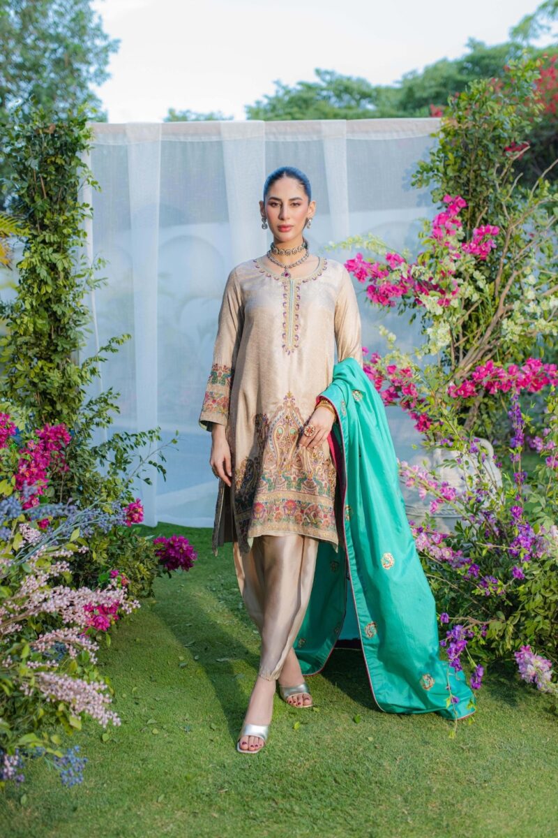 Pakistani Beige Embroidered Pure Silk Kurta Set (3-Piece) - Image 1