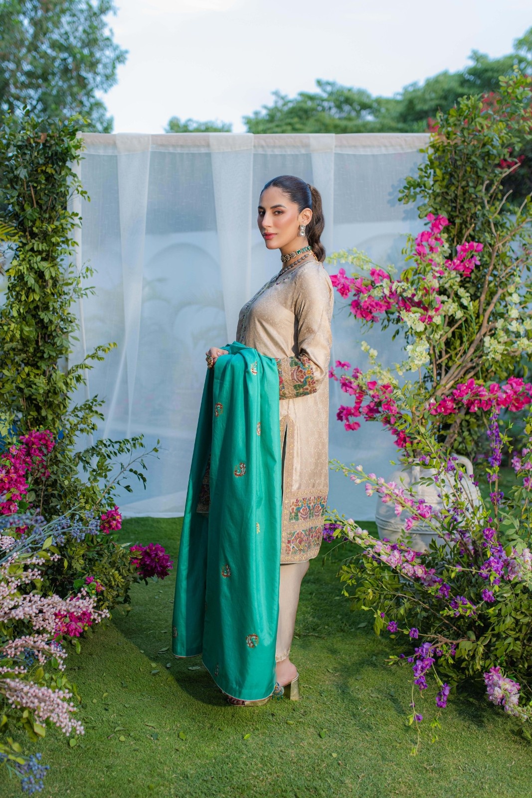 Pakistani Beige Embroidered Pure Silk Kurta Set (3-Piece) - Image 3