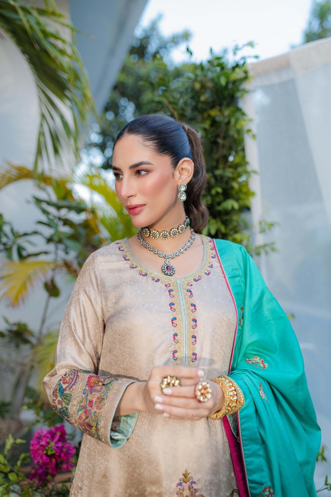 Pakistani Beige Embroidered Pure Silk Kurta Set (3-Piece) - Image 5