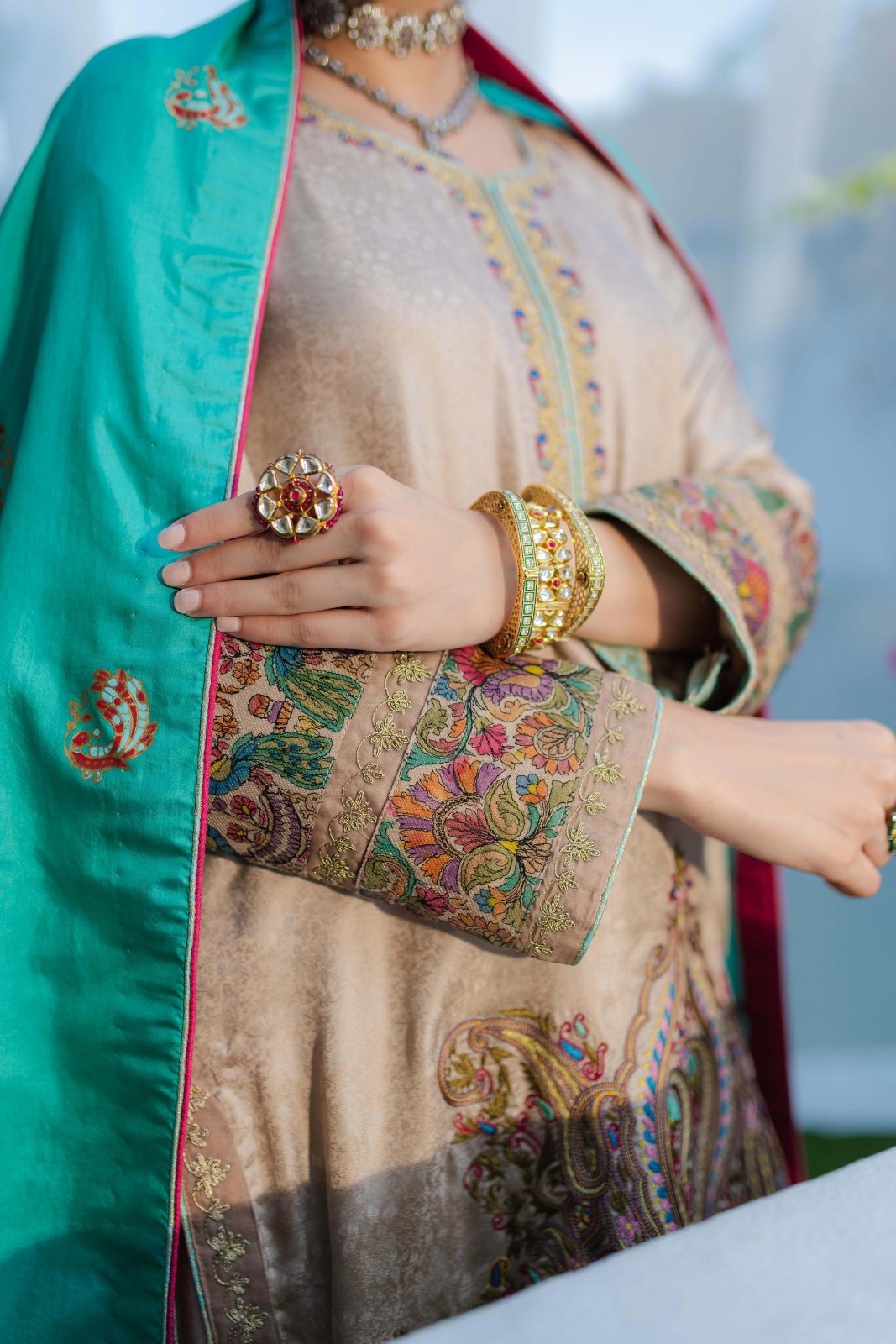 Pakistani Beige Embroidered Pure Silk Kurta Set (3-Piece) - Image 6