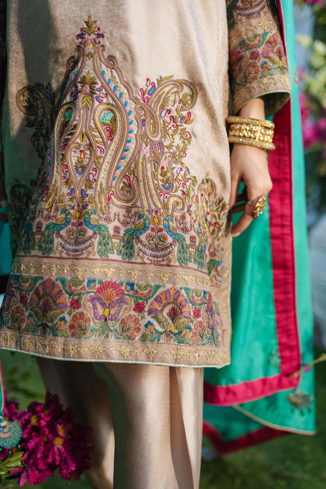 Pakistani Beige Embroidered Pure Silk Kurta Set (3-Piece) - Image 7