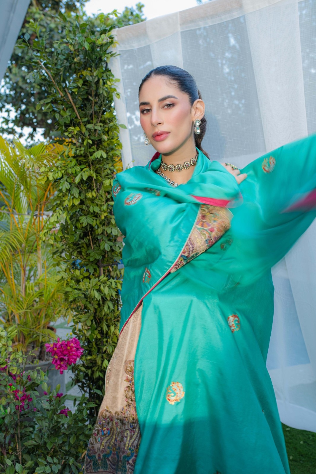 Pakistani Beige Embroidered Pure Silk Kurta Set (3-Piece) - Image 8