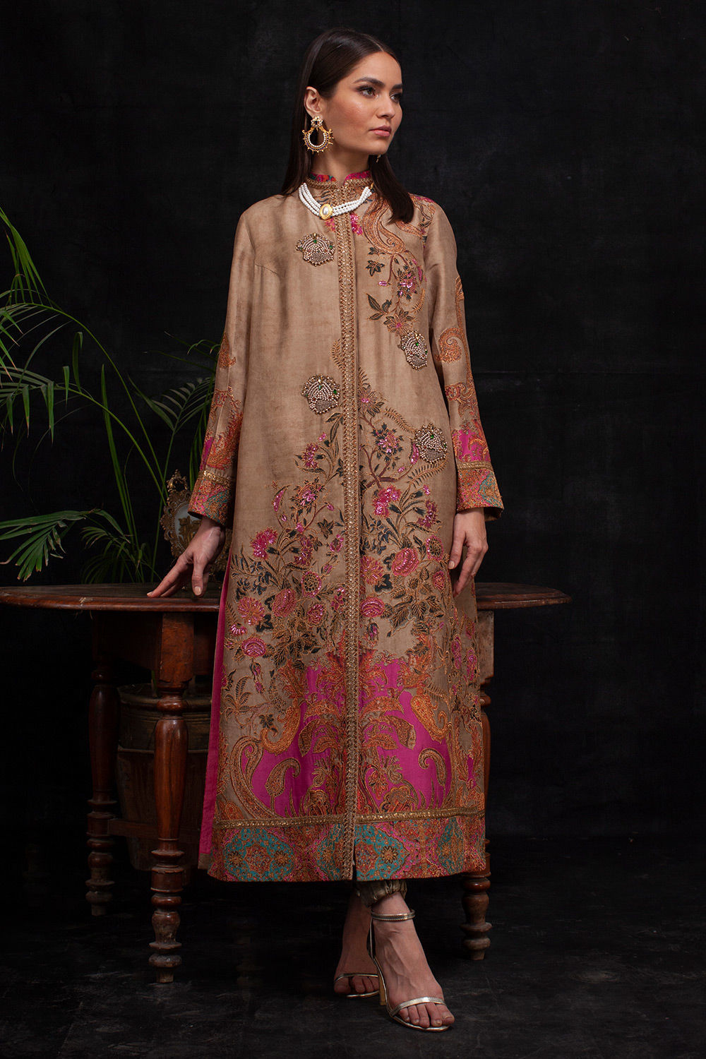 Pakistani Beige Zari Beaded Silk Long Shirt (2-Piece) - Image 1