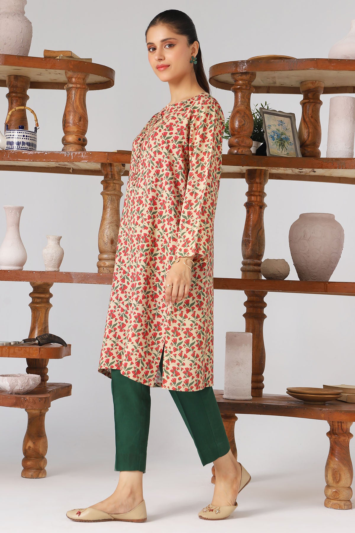 Pakistani Beige Digital Printed Slub Linen Shirt (1-Pc) - Image 2