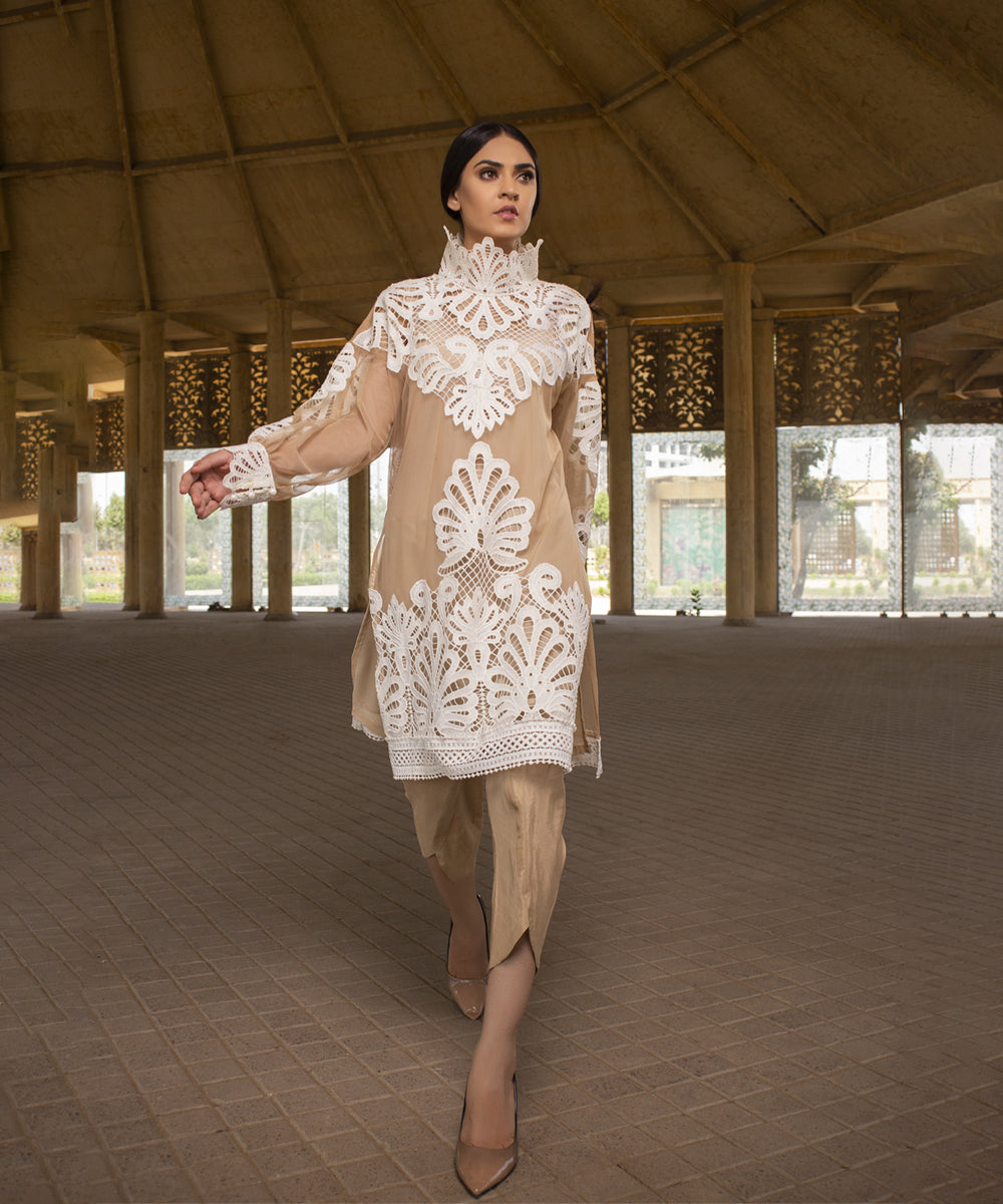 Beige Cutwork Appliqué Kurta Set (2-Piece) - Image 1
