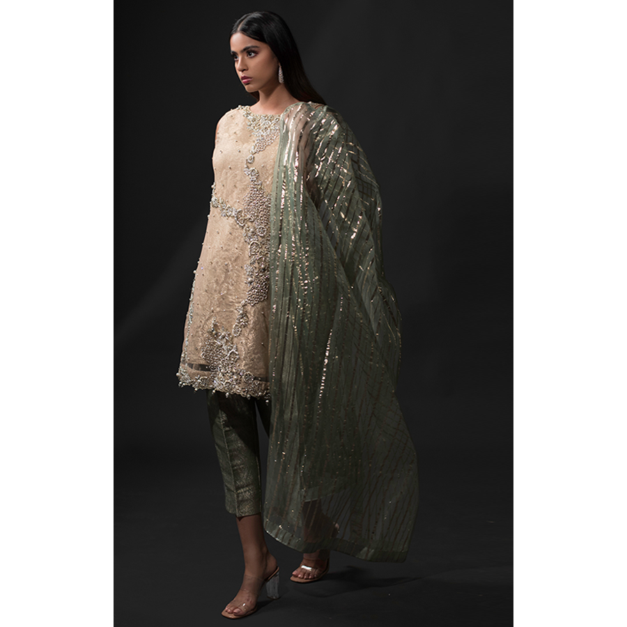 Pakistani Mink & Mint Embellished Tulle Brocade Salwar Kameez (3-Piece) - Image 1