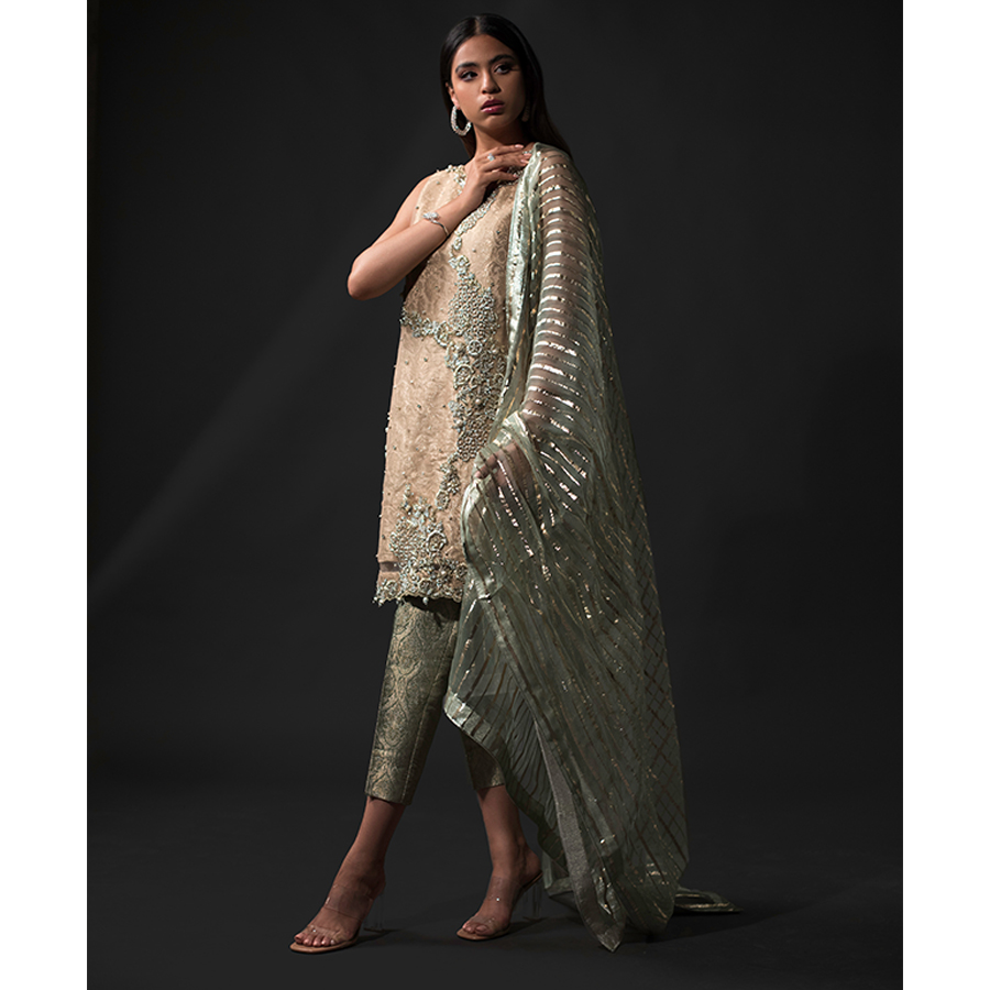 Pakistani Mink & Mint Embellished Tulle Brocade Salwar Kameez (3-Piece) - Image 2