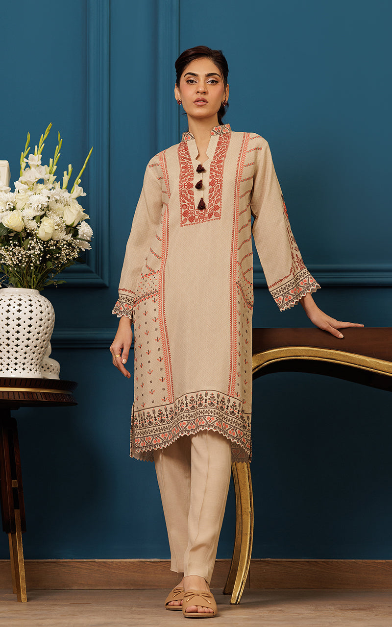 Pakistani Beige Cutwork Embroidered Viscose Silk Salwar Kameez (2-Piece) - Image 1