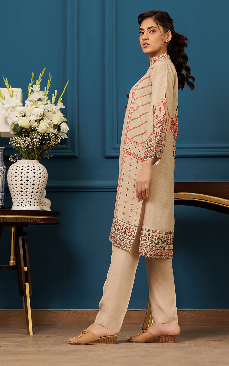 Pakistani Beige Cutwork Embroidered Viscose Silk Salwar Kameez (2-Piece) - Image 2