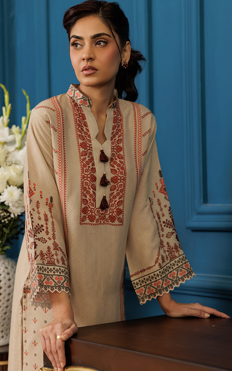 Pakistani Beige Cutwork Embroidered Viscose Silk Salwar Kameez (2-Piece) - Image 3