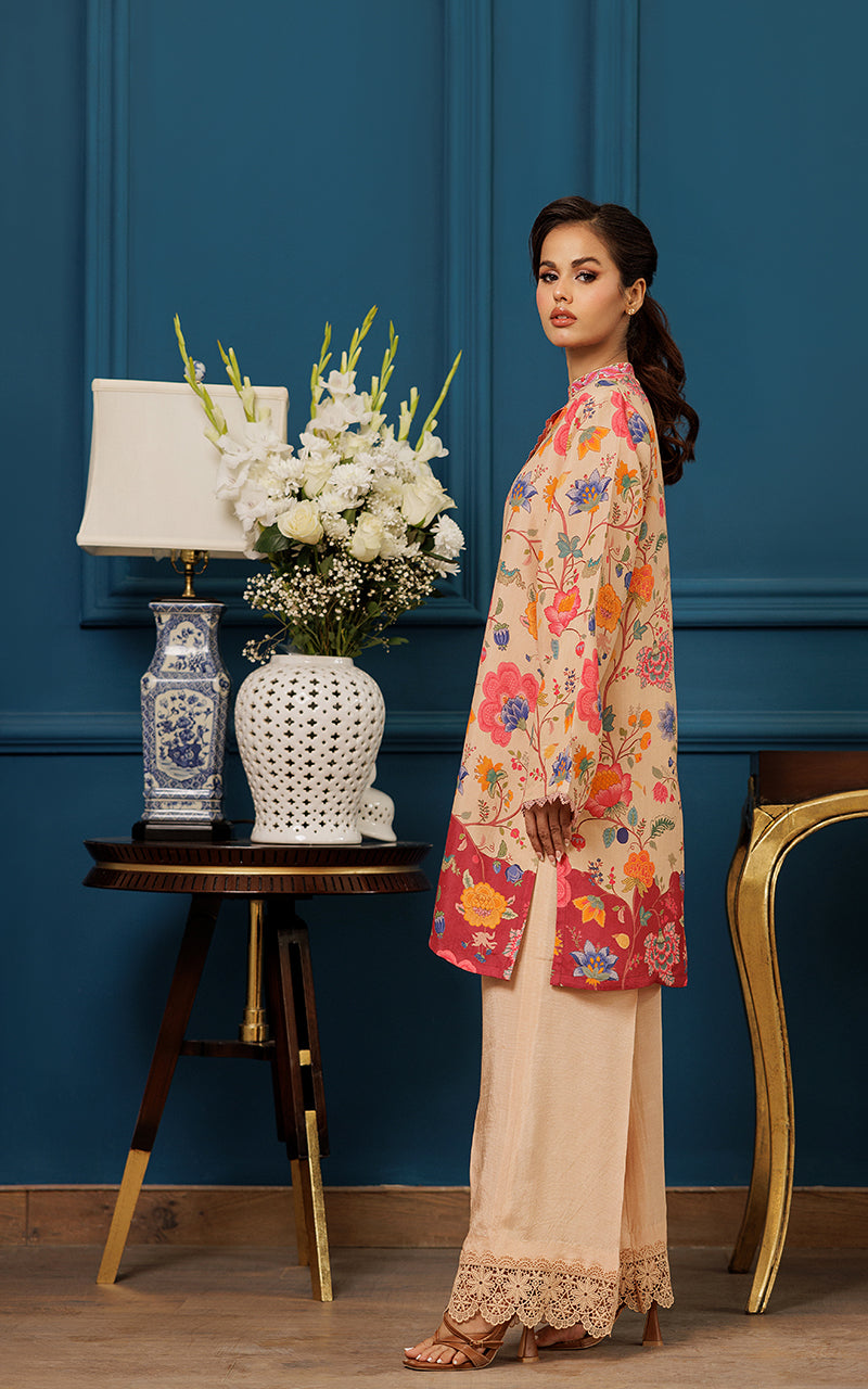 Pakistani Beige Floral Printed Viscose Silk Tunic (2-Piece) - Image 3