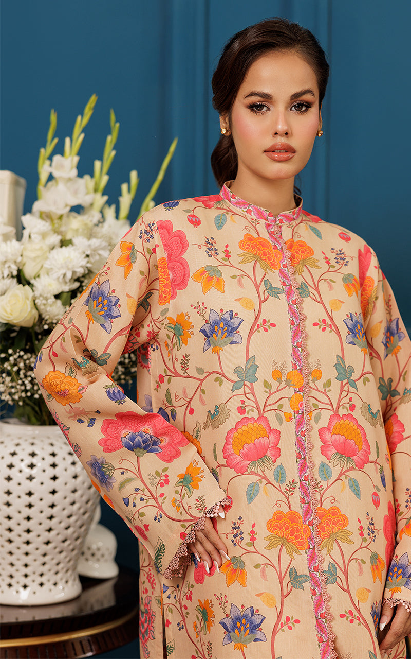 Pakistani Beige Floral Printed Viscose Silk Tunic (2-Piece) - Image 4