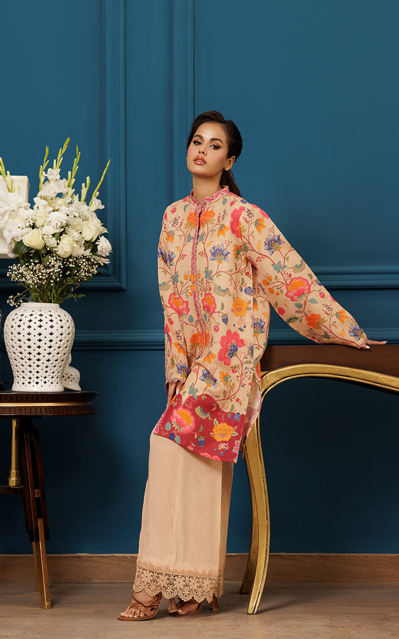 Pakistani Beige Floral Printed Viscose Silk Tunic (2-Piece) - Image 6