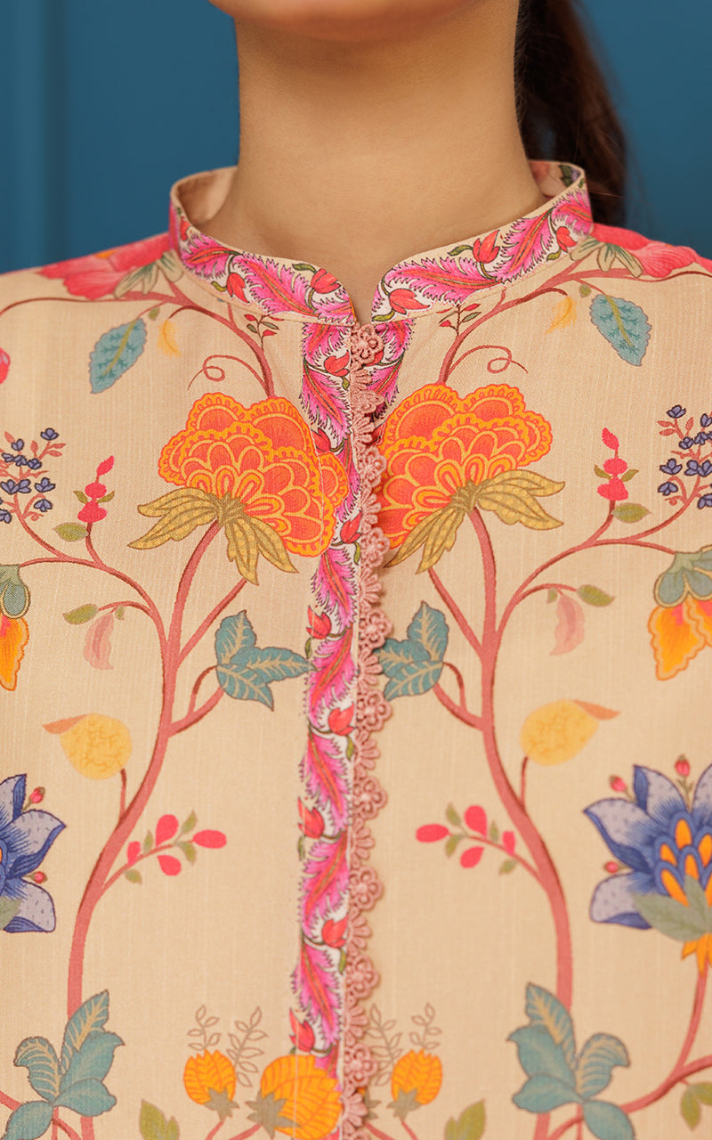 Pakistani Beige Floral Printed Viscose Silk Tunic (2-Piece) - Image 7