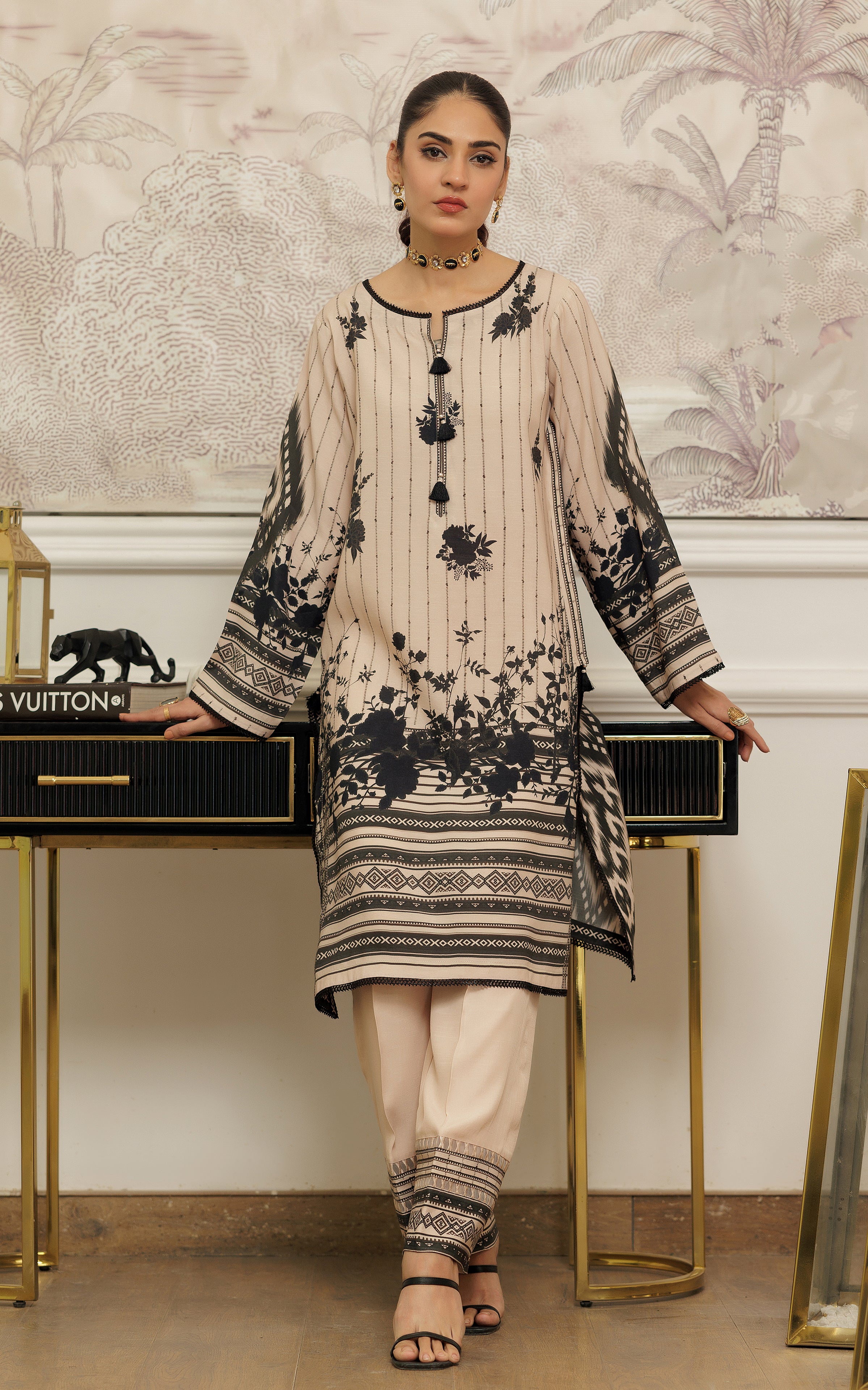 Beige and Black Embroidered Viscose Silk Salwar Kameez (2-Piece) - Image 1