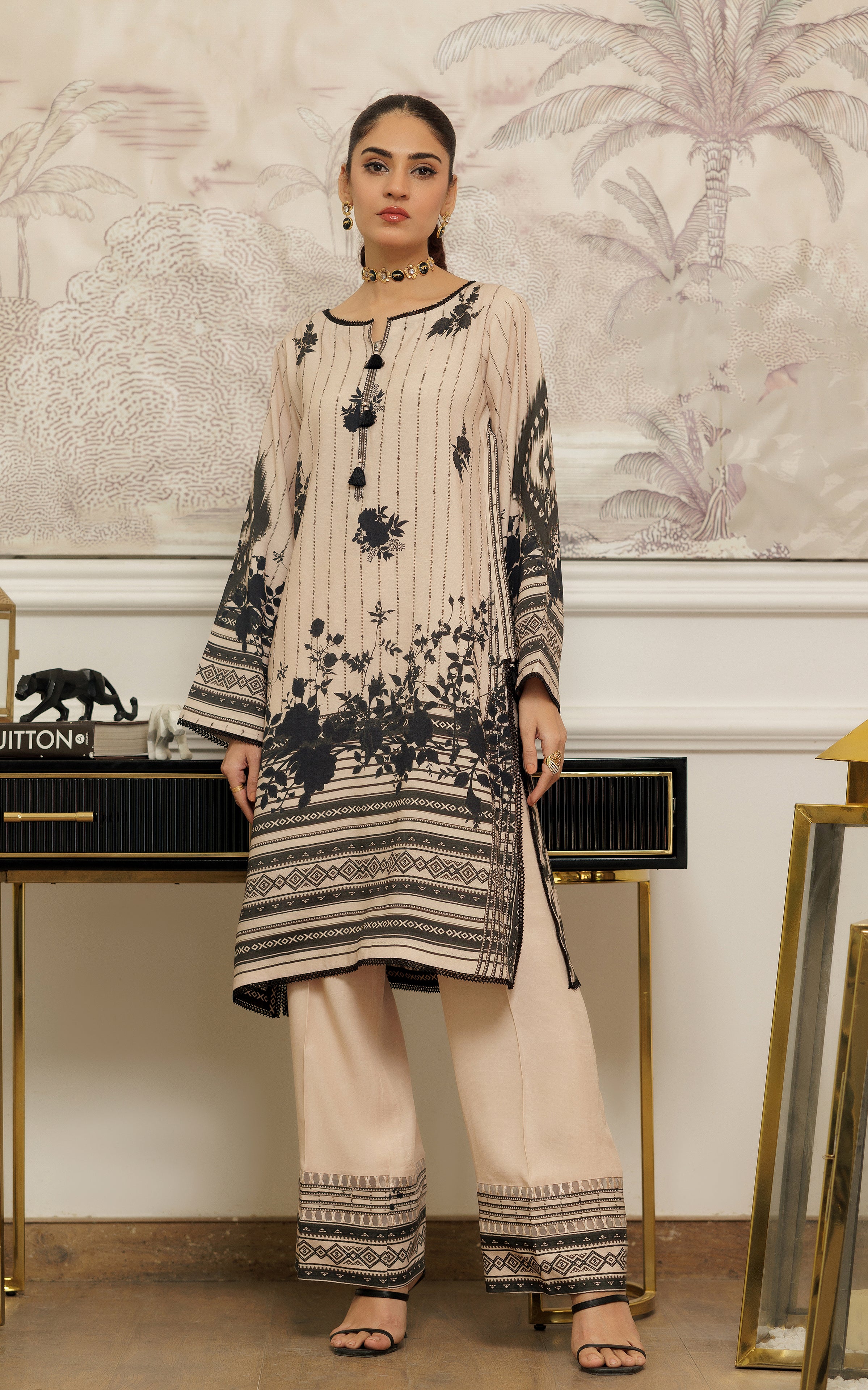 Beige and Black Embroidered Viscose Silk Salwar Kameez (2-Piece) - Image 8