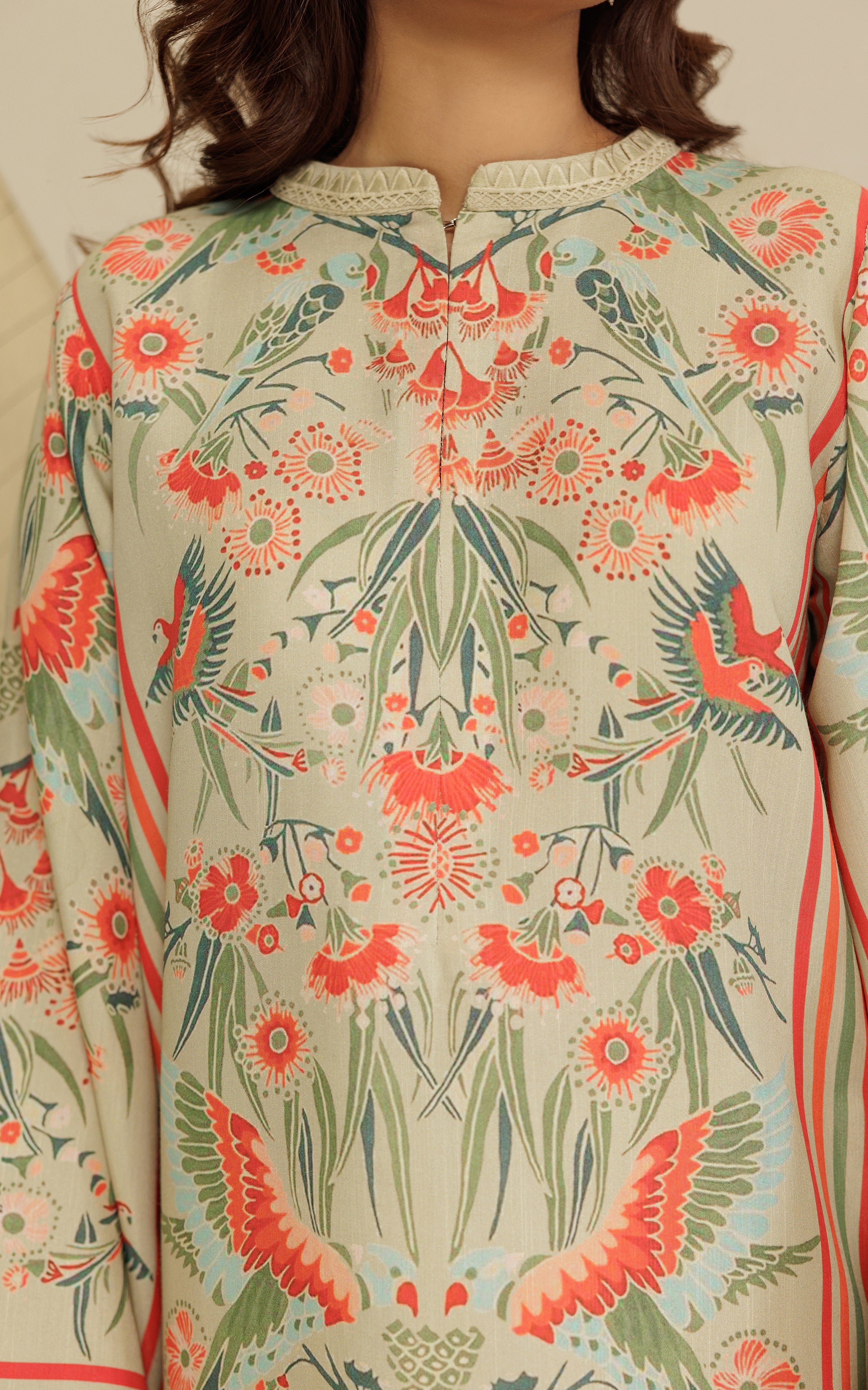 Pakistani Beige Printed Viscose Silk Tunic (2-Piece) - Image 3