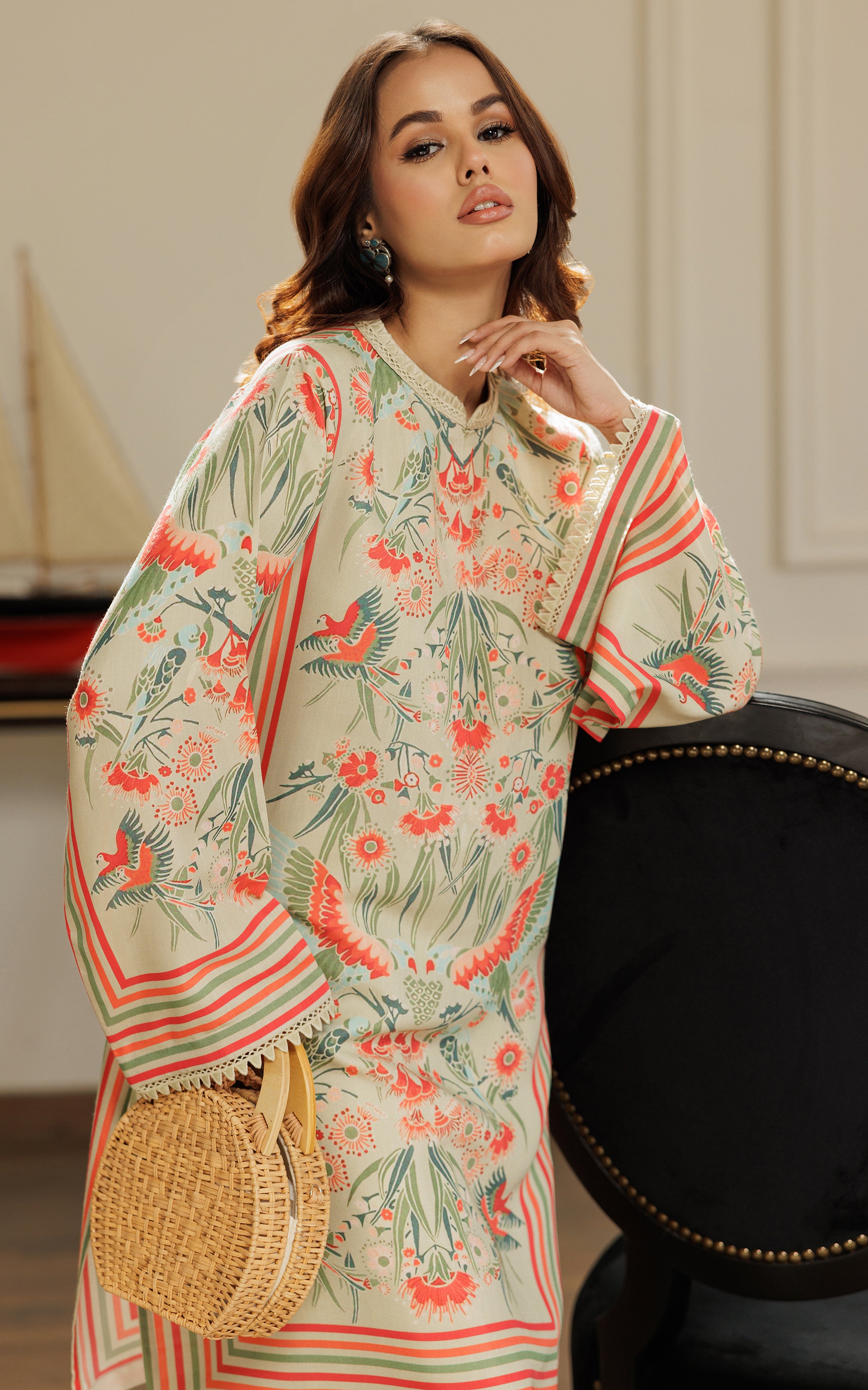 Pakistani Beige Printed Viscose Silk Tunic (2-Piece) - Image 4