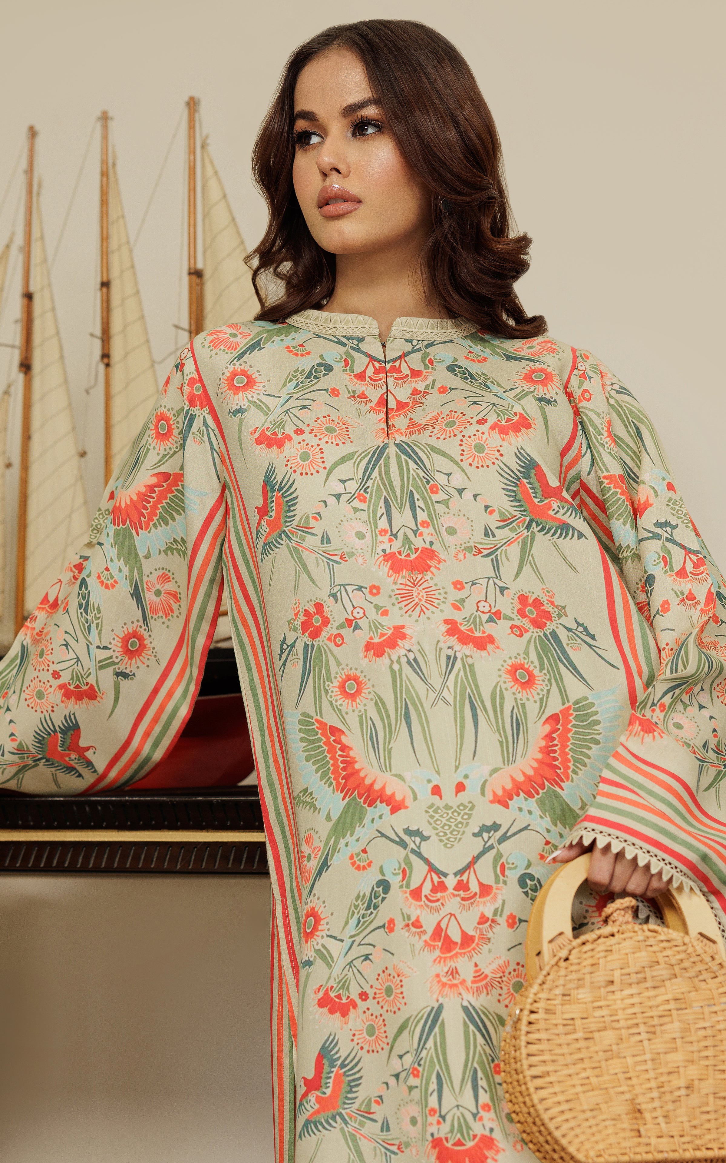 Pakistani Beige Printed Viscose Silk Tunic (2-Piece) - Image 5