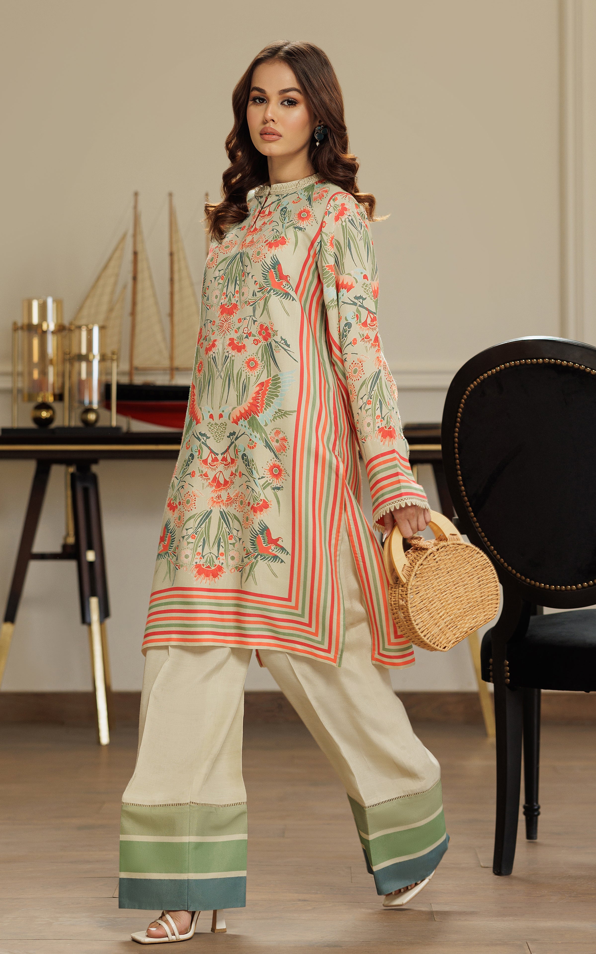 Pakistani Beige Printed Viscose Silk Tunic (2-Piece) - Image 6