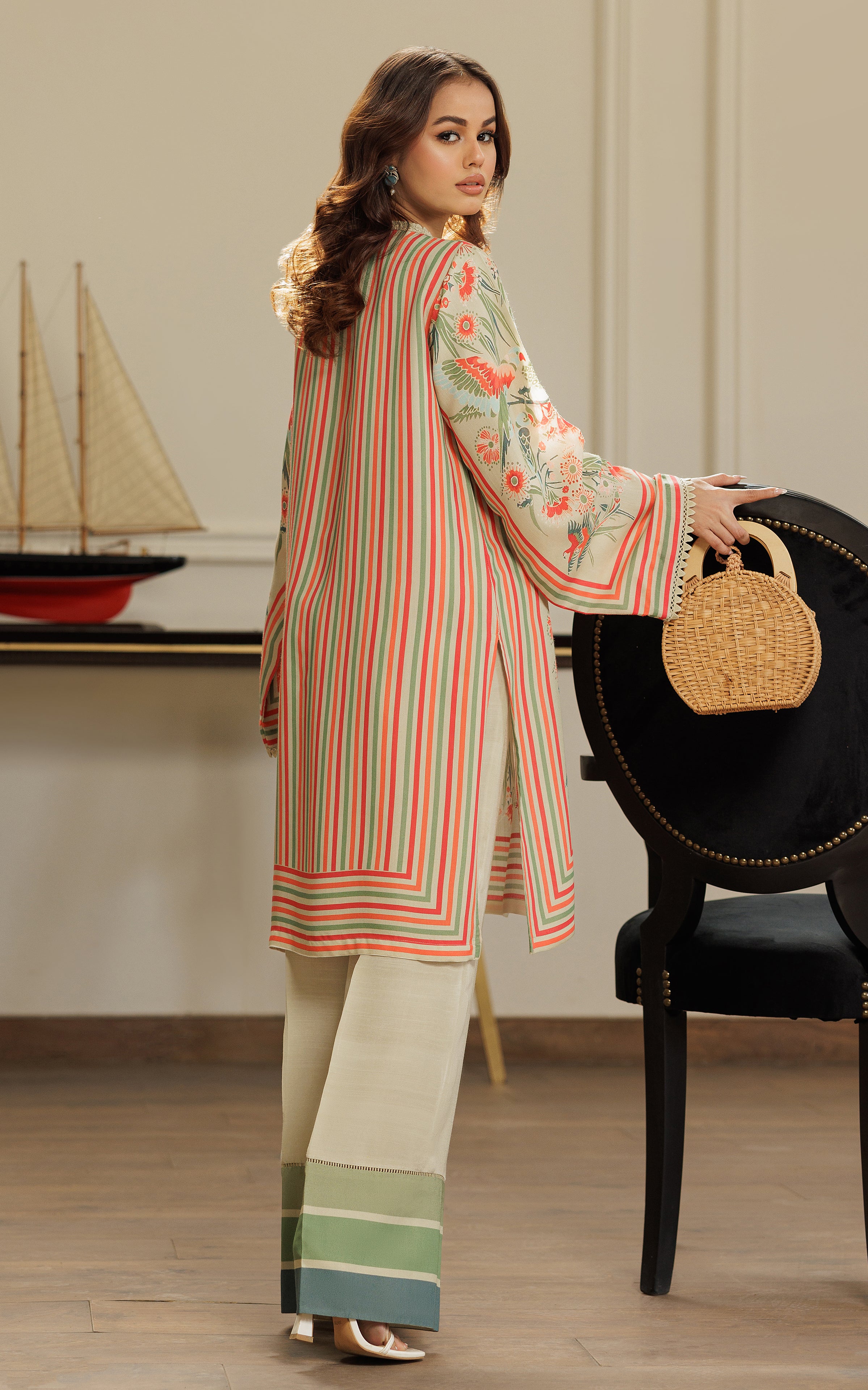Pakistani Beige Printed Viscose Silk Tunic (2-Piece) - Image 7