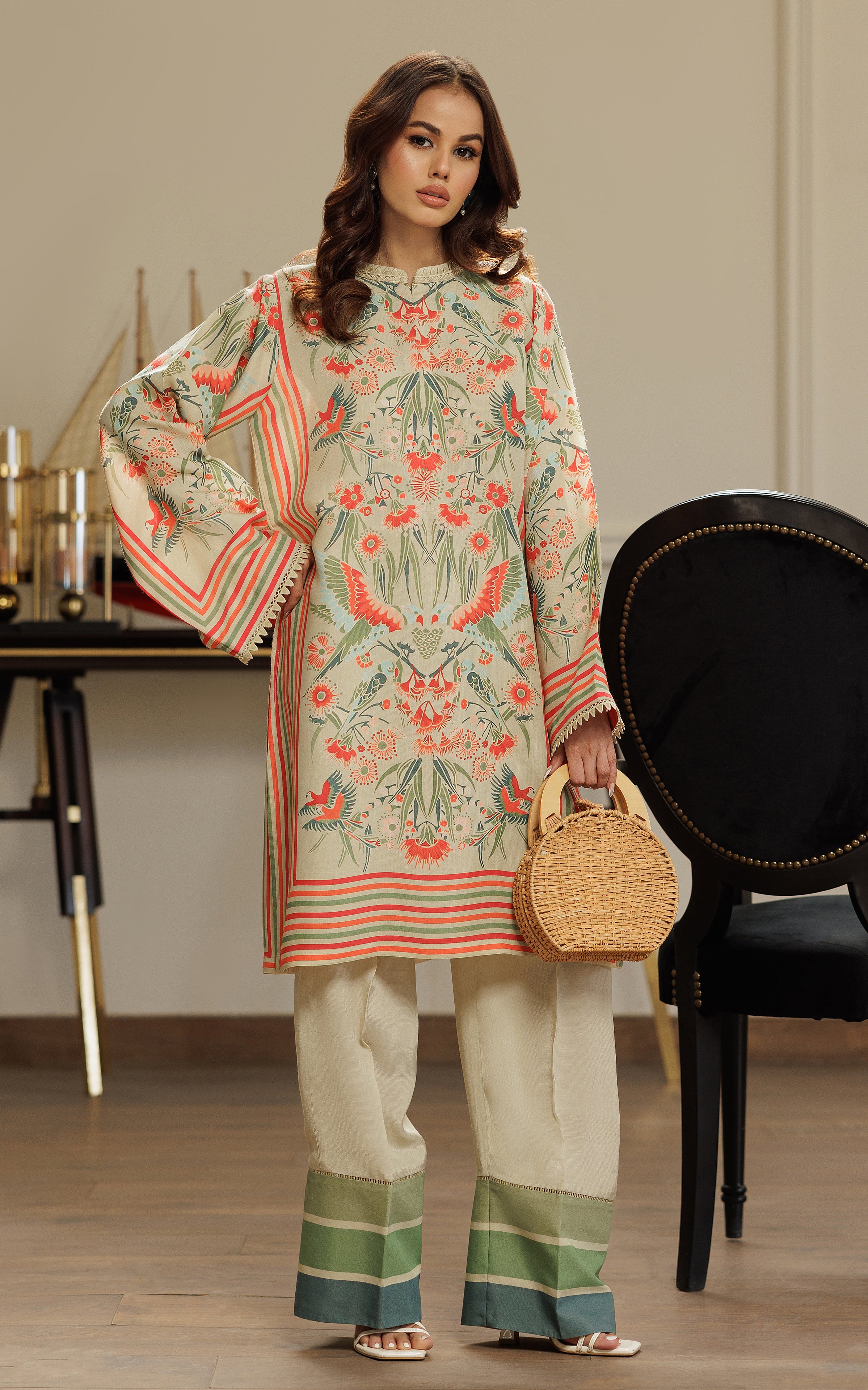 Pakistani Beige Printed Viscose Silk Tunic (2-Piece) - Image 9