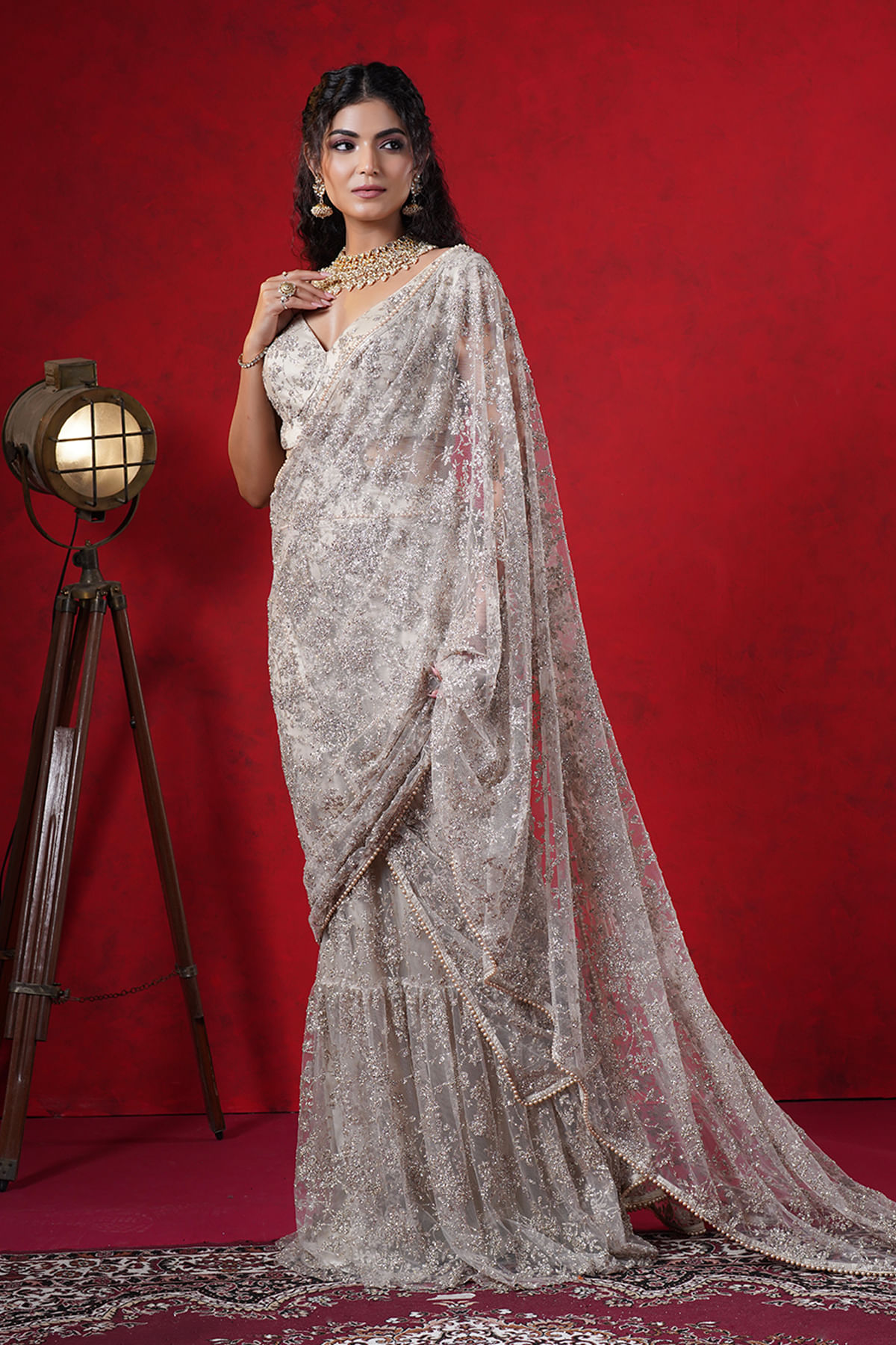 Indian Beige Zari & Pearl Embroidered Net Saree (2-Piece) - Image 1
