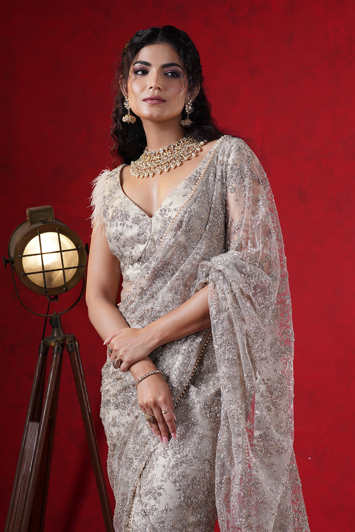 Indian Beige Zari & Pearl Embroidered Net Saree (2-Piece) - Image 2